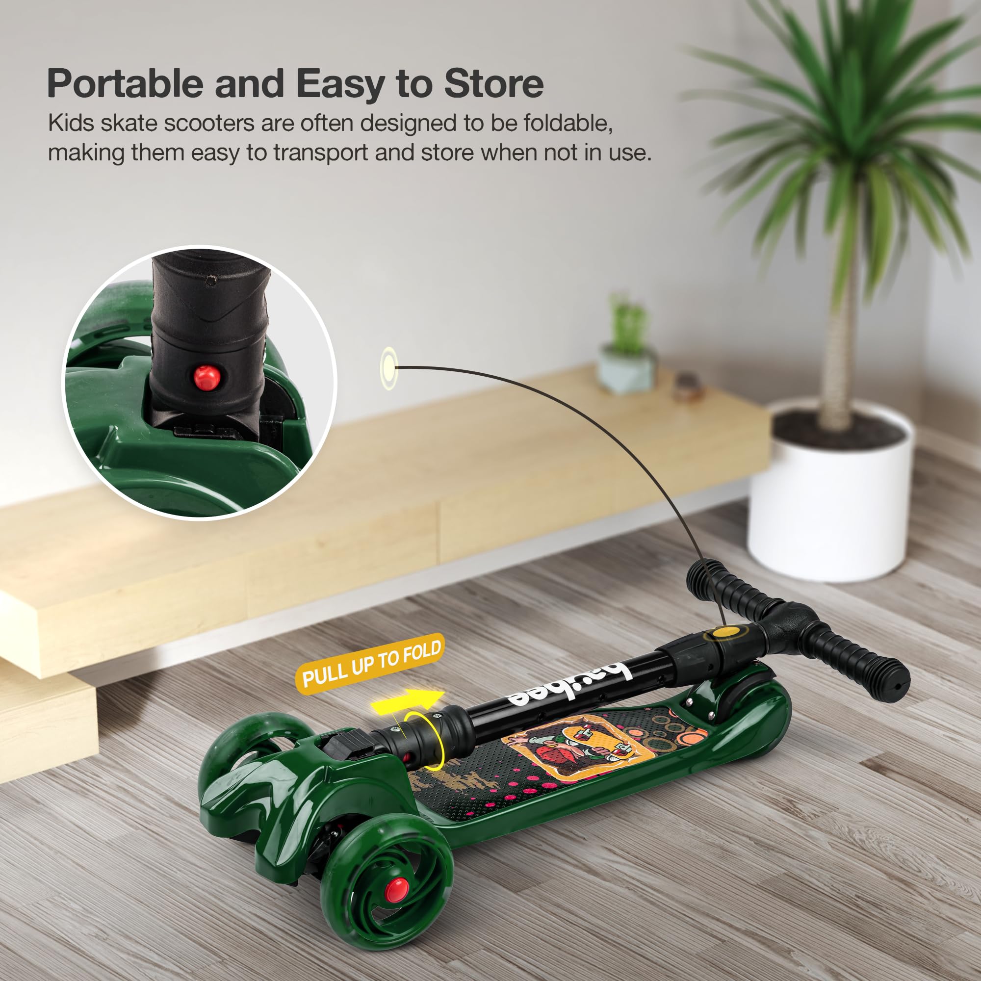 Baybee Flash Kick Scooter for Kids | Smart Foldable 3 Wheel Kids Scooter with 4 Height Adjustable, LED PU Wheels & Brake | Skating Scooters Upto 75 Kg Capacity | Skate Scooters for Kid (Dark Green) 3