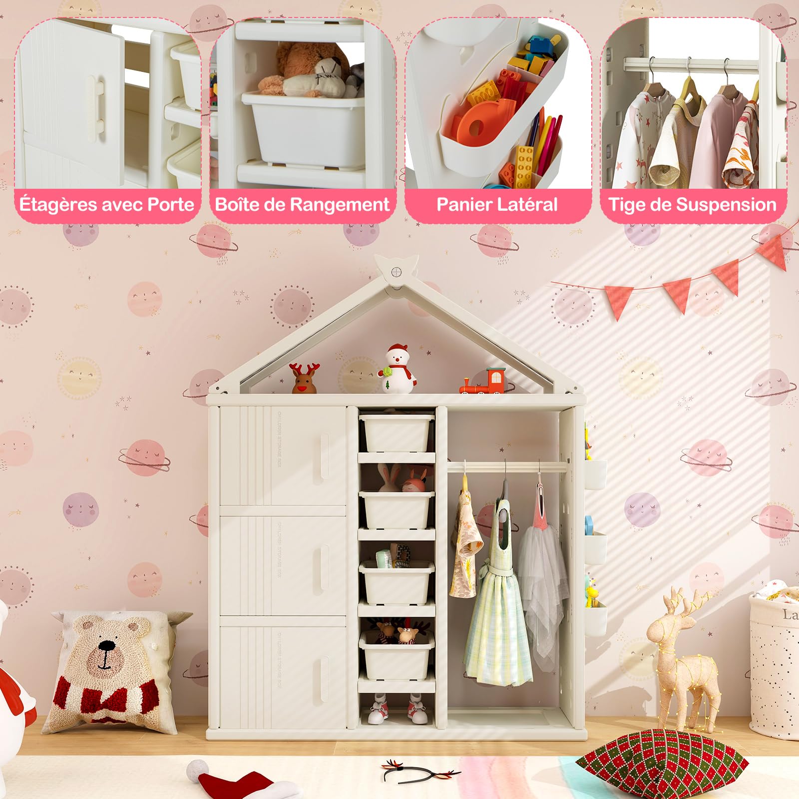 COSTWAY Armoire à Vêtements Enfant en HDPE avec Tige de Suspension & 5 Étagères & 3 Cubes, Portant à Vêtements Enfant avec Panier Ajustable, Grande Capacité, Organisateur pour 3 Ans+, 123x34x156cm