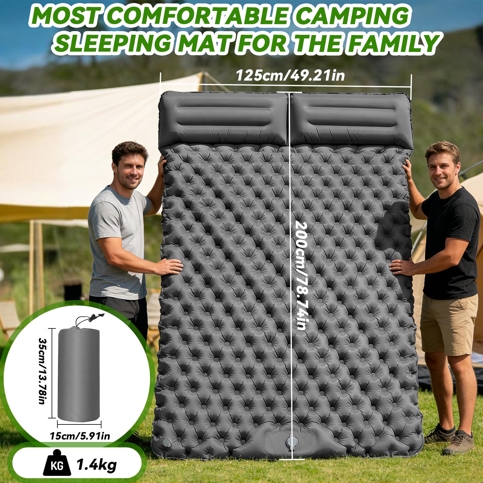 Matelas de Camping, Tapis de Lit Double Auto-Gonflable avec Oreiller et Pompe à Pied intégrée Matelas de Camping Gonflable Portable et Compact pour Tente Trekking Plage