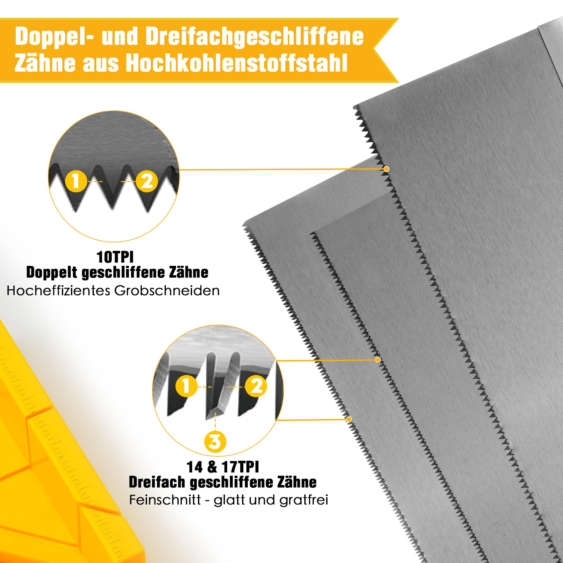 Gehrungslade mit Rückensäge, 3 Wechsel-Sägeblätter aus hochgekohltem Stahl (10/14/17 TPI) für schnelle bis präzise Schnitte, 10×30 cm extrabreite ABS-Schneidlade für schwere Holzarbeiten