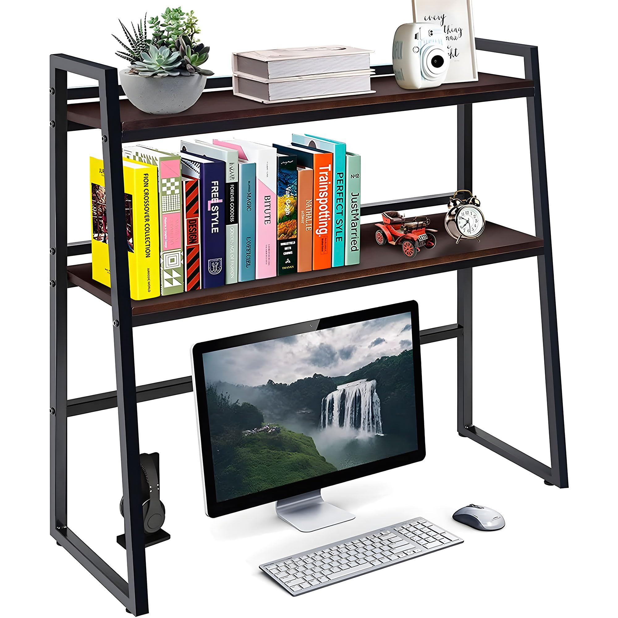 ITHWIU2-Tier Multipurpose Solid Wood Desktop Hutch Shelf 35.5 Inch Length for Computer Desk, Adjustable Display Shelf Rack Organizer for Office Supplies Organizer, Home Decor-Brown