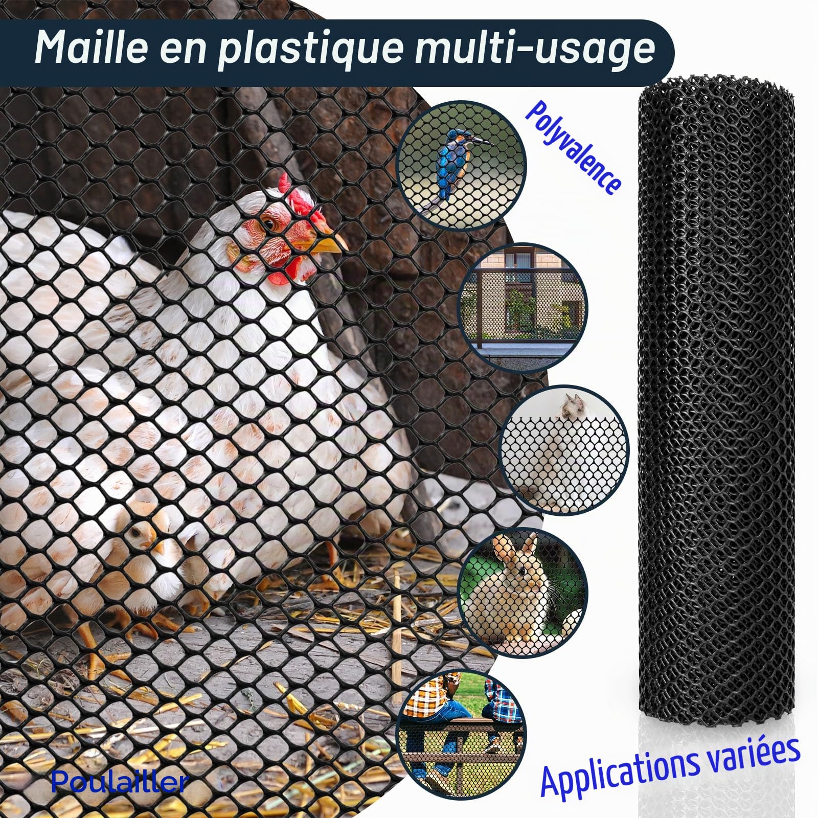 Grillage plastique filet poule grillage souple clôture en plastique trou de 8mm filet pour poulailler (Noir, 40cm×9m)