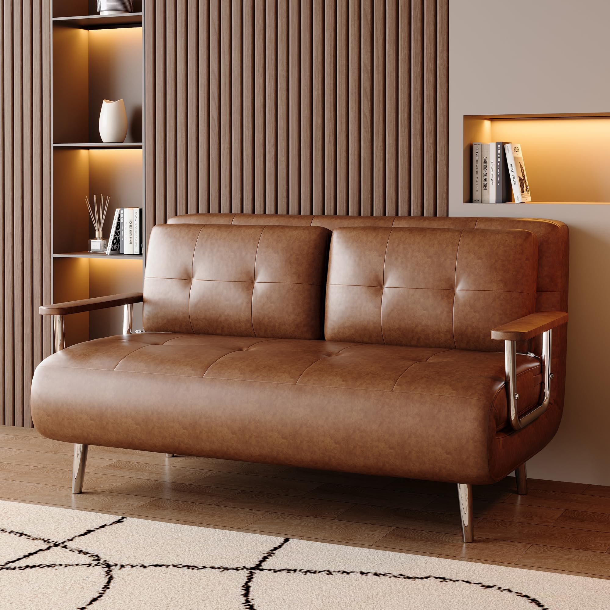 KAANAA Schlafsofa Klappsofa 150 cm, Braun, Lederoptik | 150 cm Breite, Klappfunktion, Lederoptik, Mit Matratze, Metallgestell, Platzsparend, Für kleine Räume