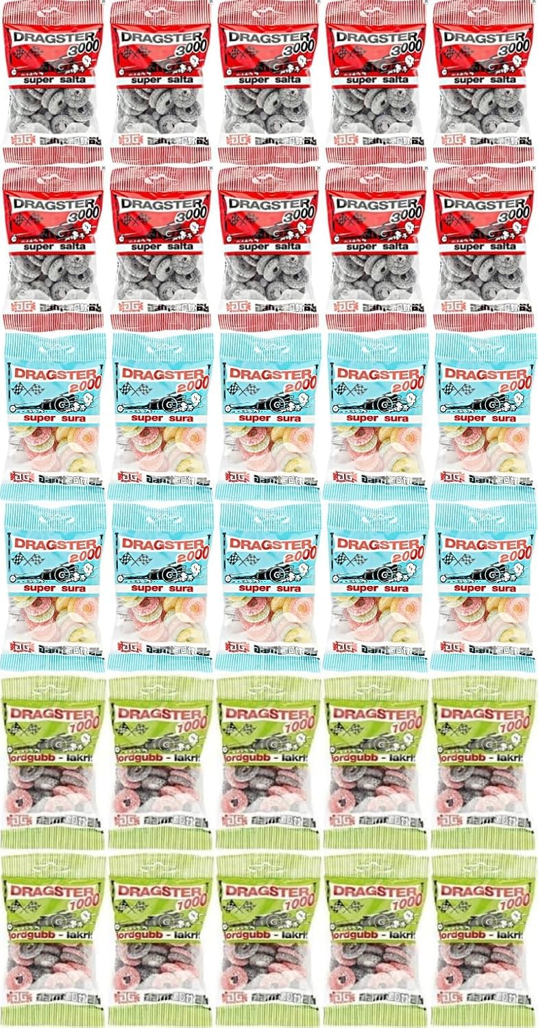 Schwedisches Rennsüßigkeiten-Trio-Set – Salzige Lakritze, Saure Früchte & Erdbeermix (30 Packungen/1,5 kg) Söpösöpö-Box