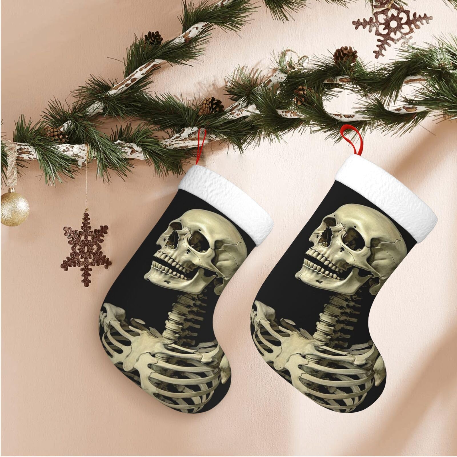 A Skeleton Christmas Stockings Velvet Xmas Fireplace Hanging Stocking with Plush Cuff Rustic Christmas Santa Stockings for Home Christmas Decorations Party Favor Supplies