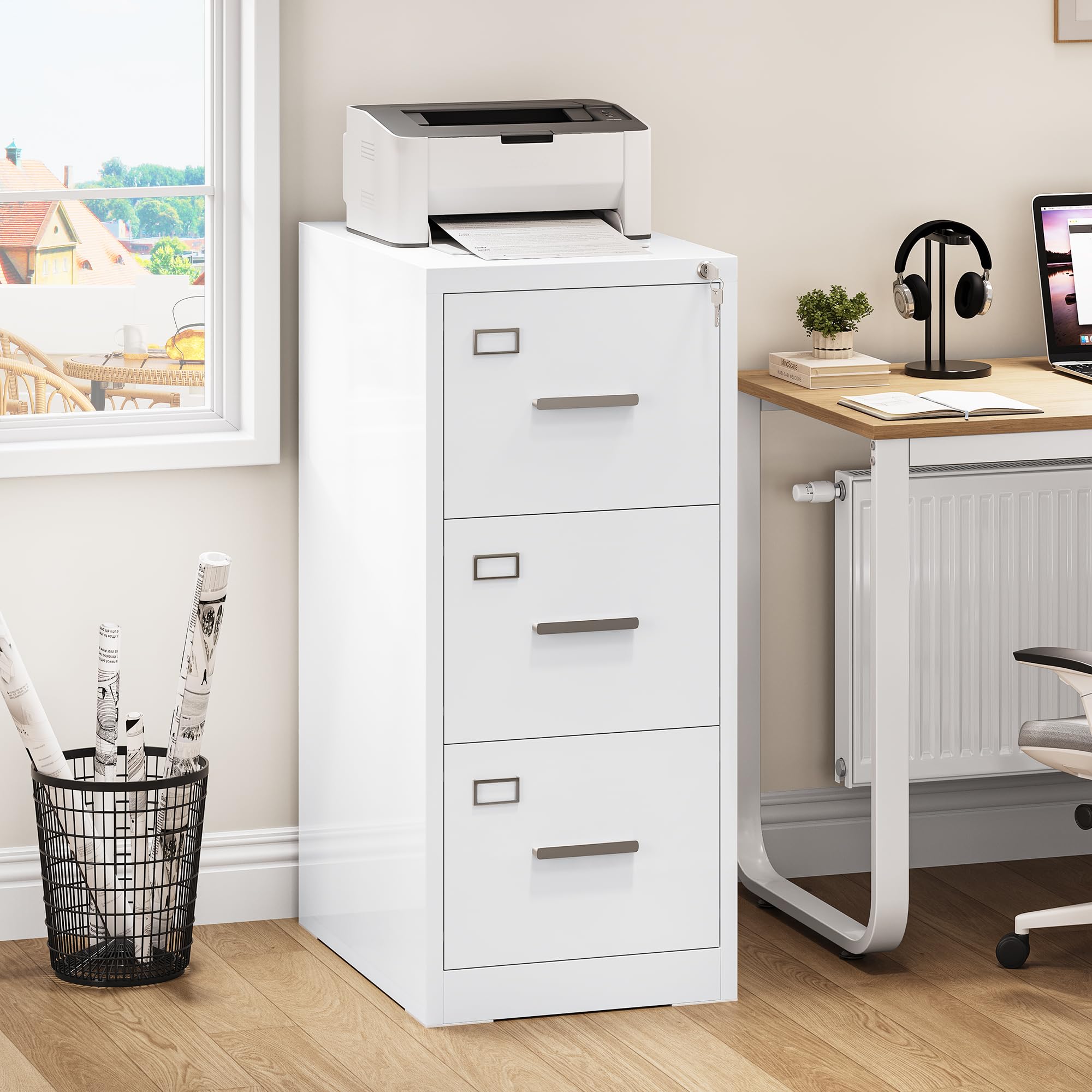 YITAHOME Aktenschrank Abschließbar mit 3 Schubladen, Metall Aktenschränke mit Cue-Karte für A4, Legal, Letter, Büroschrank Metallschrank für Home-Office, Hängeregistratur, Weiß, 62 x 45 x 102cm
