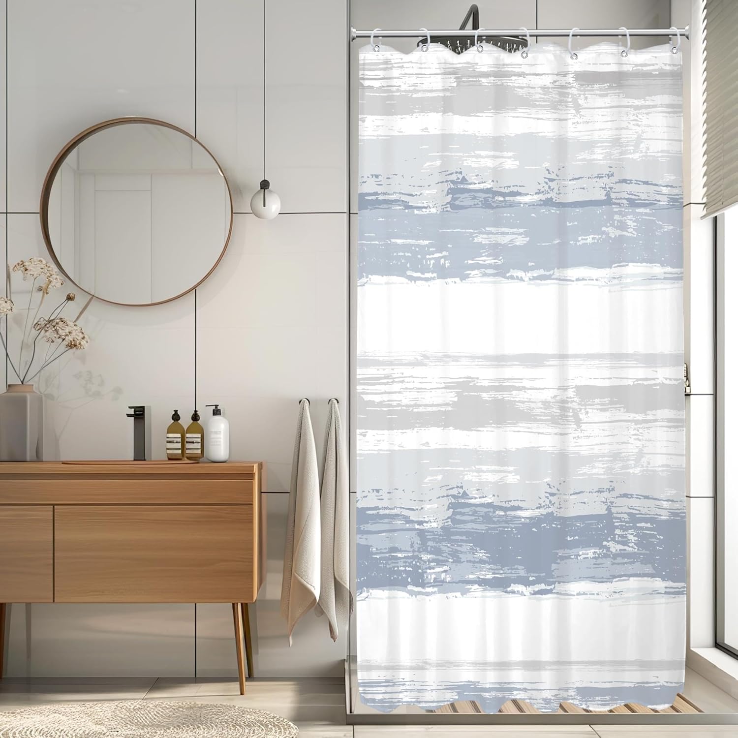 Abstract Blue Shower Curtain for Bathroom Decor 66x67in/168x169cm White Grey Horizontal Striped Minimalist Modern Contemporary Watercolor Painting Fabric Waterproof Polyester Stall Curtains