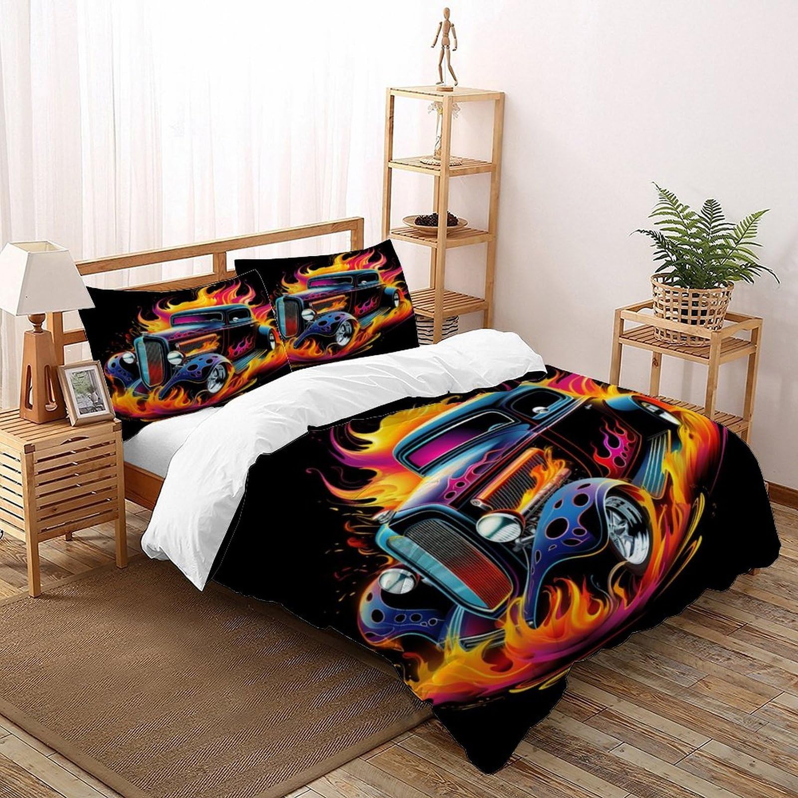 Flaming Car Bedding Set 3D Design Sports Themes Duvet Cover Set Microfiber Quilt Cover Universal for All Seasons with Pillowcase Double（200x200cm）