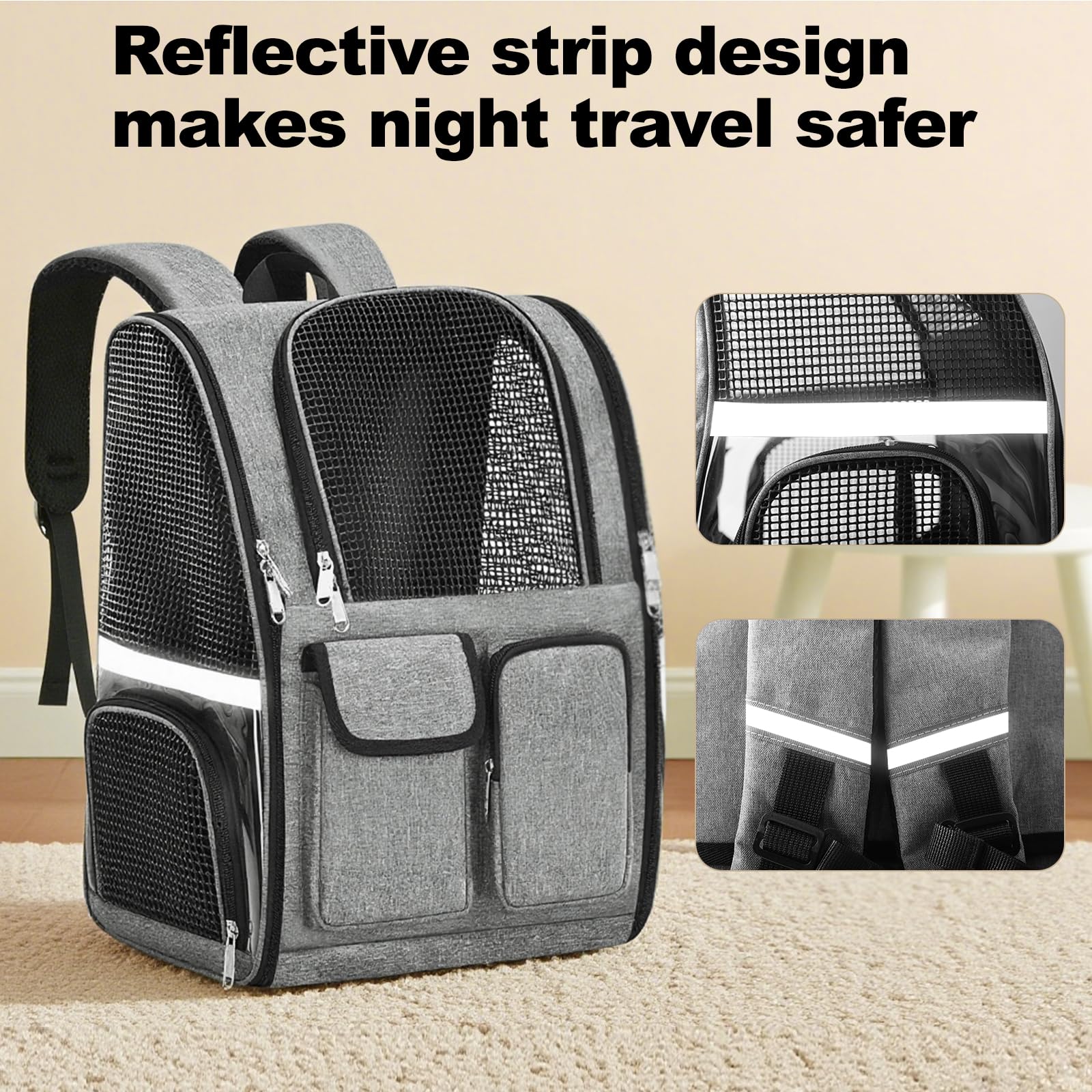 Zaino per Gatti 41x35x25cm – Trasportino Grigio Traspirante con Strisce Riflettenti, Cinghie S Comode, Multi-Zipper – Ideale per Gatti e Piccoli Animali