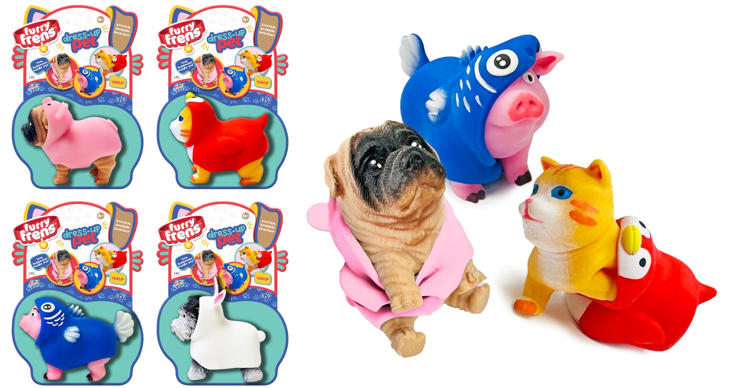 JA-RU Dress-Up Pets w/Animal Costume Squishy Fidget Toys (4 Pack) Stretchy Toys for Kids. Stress Relief Squeeze Toys. Bulk Party Favor & Easter Egg Fillers. 3707-4s