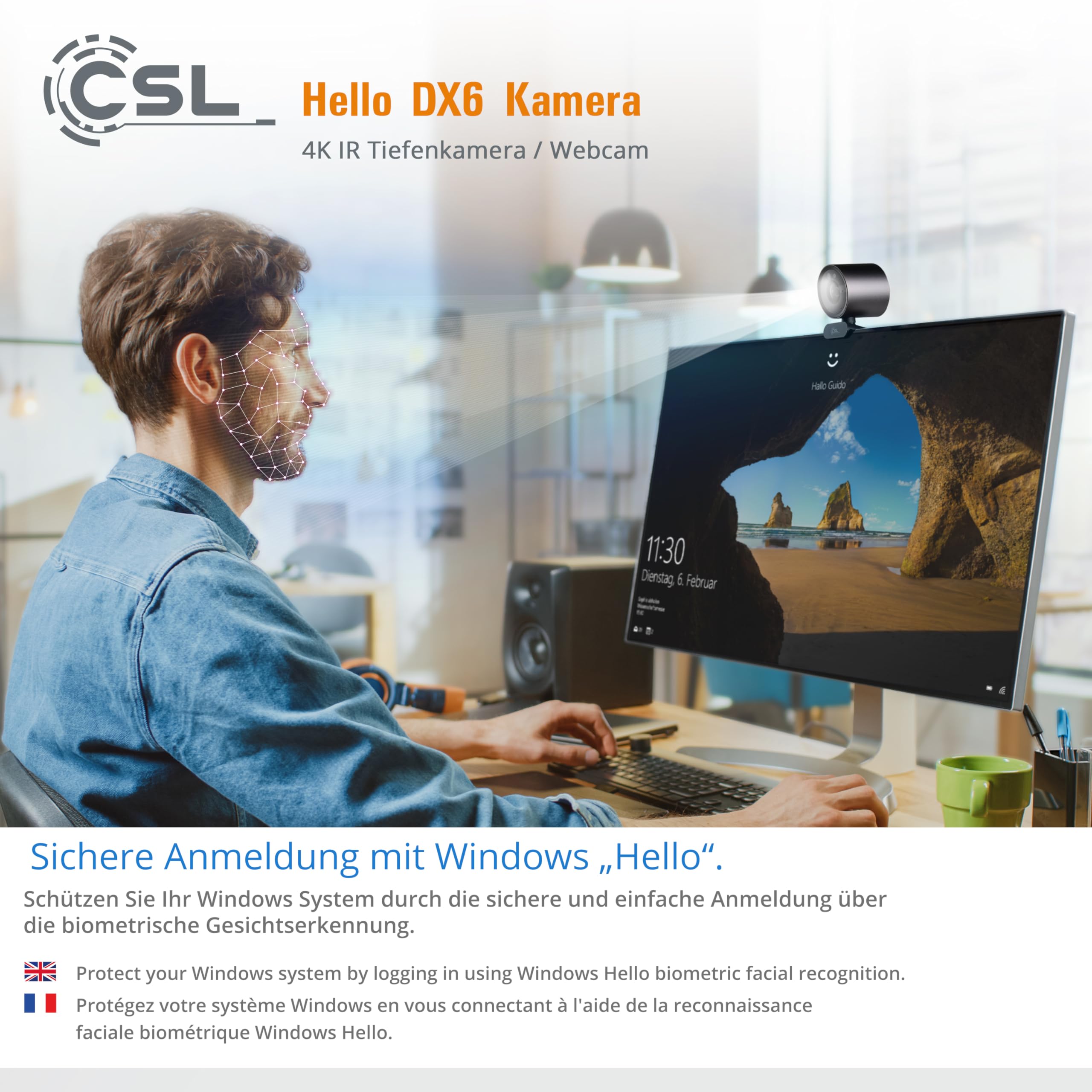 CSL Hello DX6 - Cámara web para Windows Hello DX6, cámara infrarroja profunda, 3840 x 2160 @ 30 Hz, micrófono integrado, videochat, 4K, reconocimiento facial, Windows 11 Hello Login