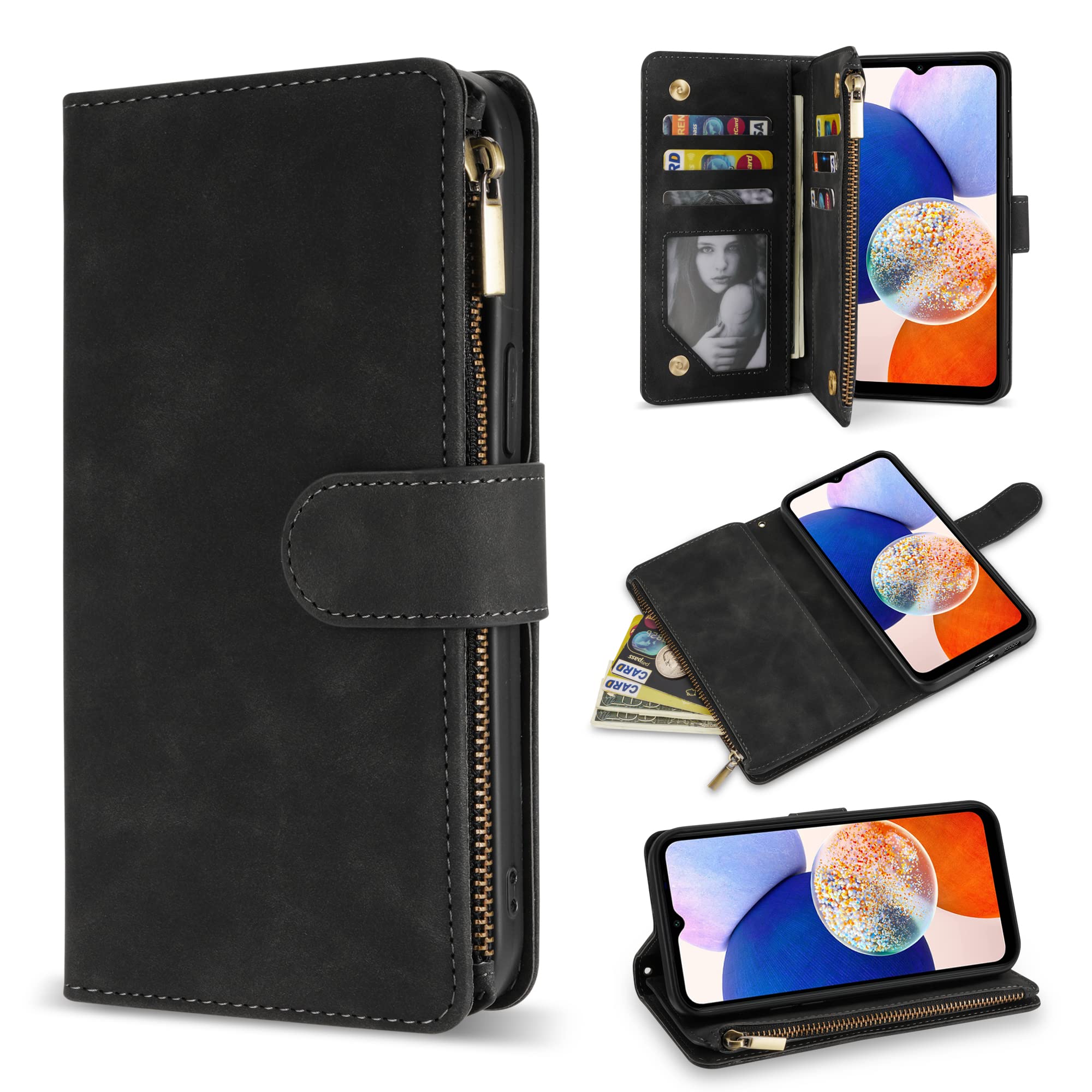 ZZXX for Samsung Galaxy A14 5G Wallet Case with RFID Blocking Card Slot PU Leather Zipper Flip Folio with Strap Kickstand Protective Cover for Samsung
