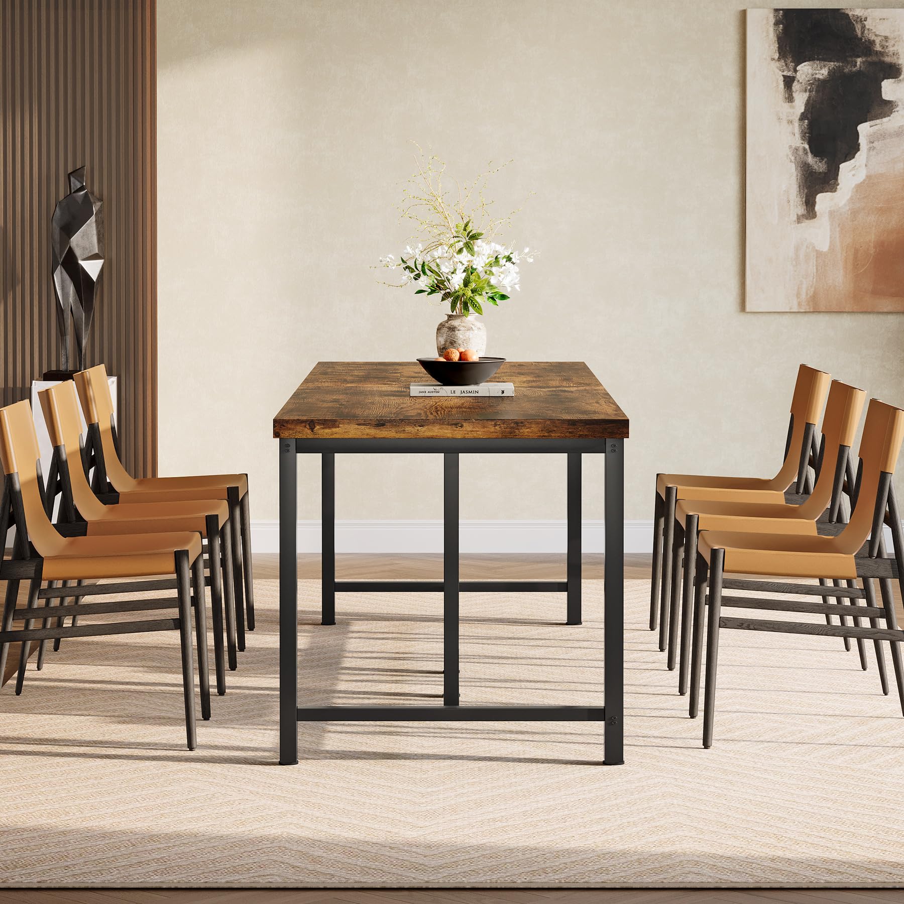 Tribesigns Mesa de comedor de 200 cm de largo para 6-8 personas, gran mesa de cocina rectangular industrial de madera, mesa de comedor rústica con patas de metal resistentes (marrón rústico)