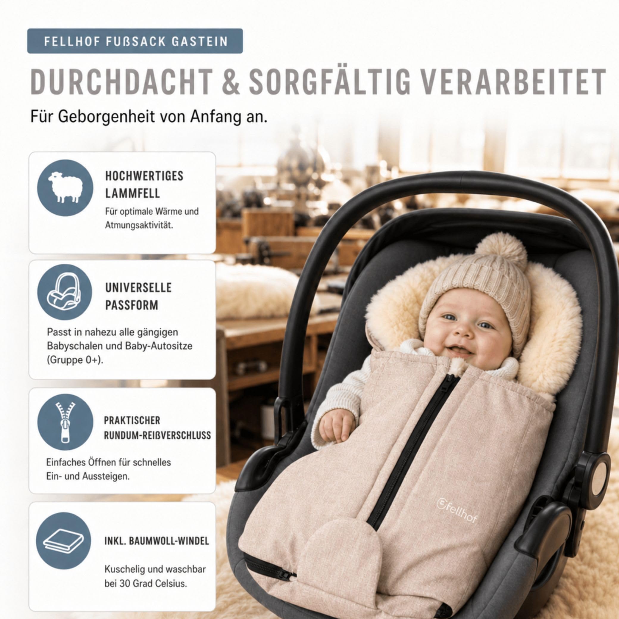 Fellhof Fußsack Babyschale Gastein, Einschlagdecke | Kinderhaus Blaubär: für Babywanne & Neugeborene, 100% Merino-Lammfell, atmungsaktiv & waschbar