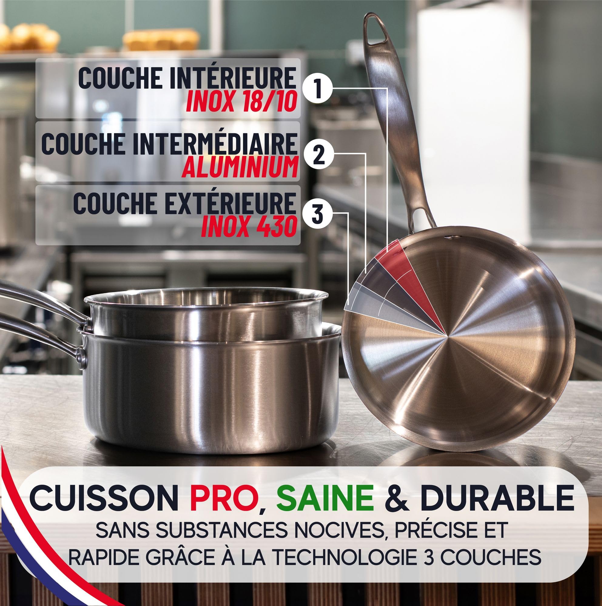 MENASTYL - Batterie De Cuisine Inox 18/10 Amovible 4 Pièces Iris Inox Sans PFAS - Tous Feux Dont Induction, Four, Réfrigérateur Et Lave-vaisselle - Empilable Et Résistante - Poignée Double Sécurité