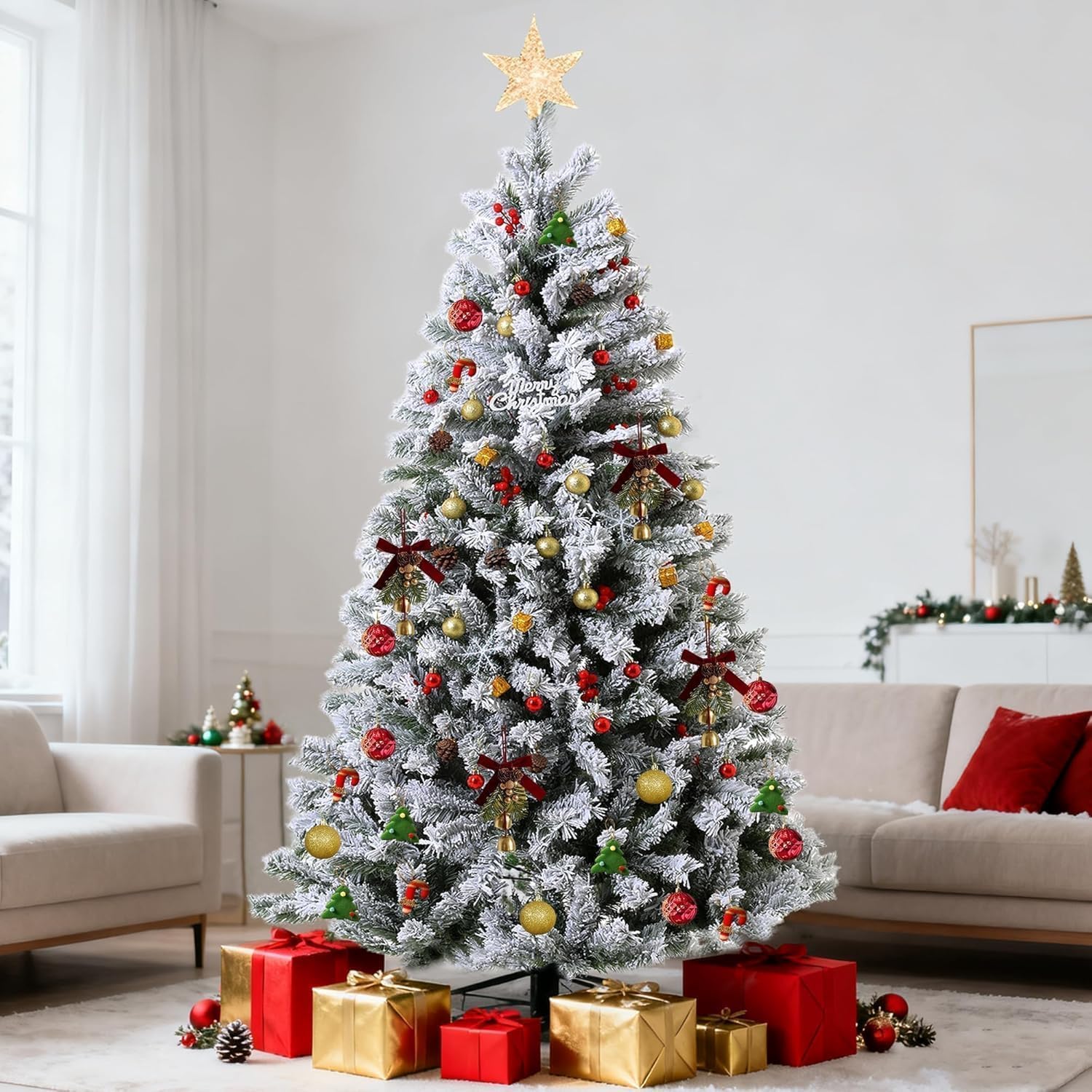 EVGN Sapin de Noël Artificiel floqué - Sapin de Neige en différentes Tailles 210 cm - en PVC Dense - Système de Parasol Rabattable - Aspect Naturel - avec Support en métal - Difficilement Inflammable