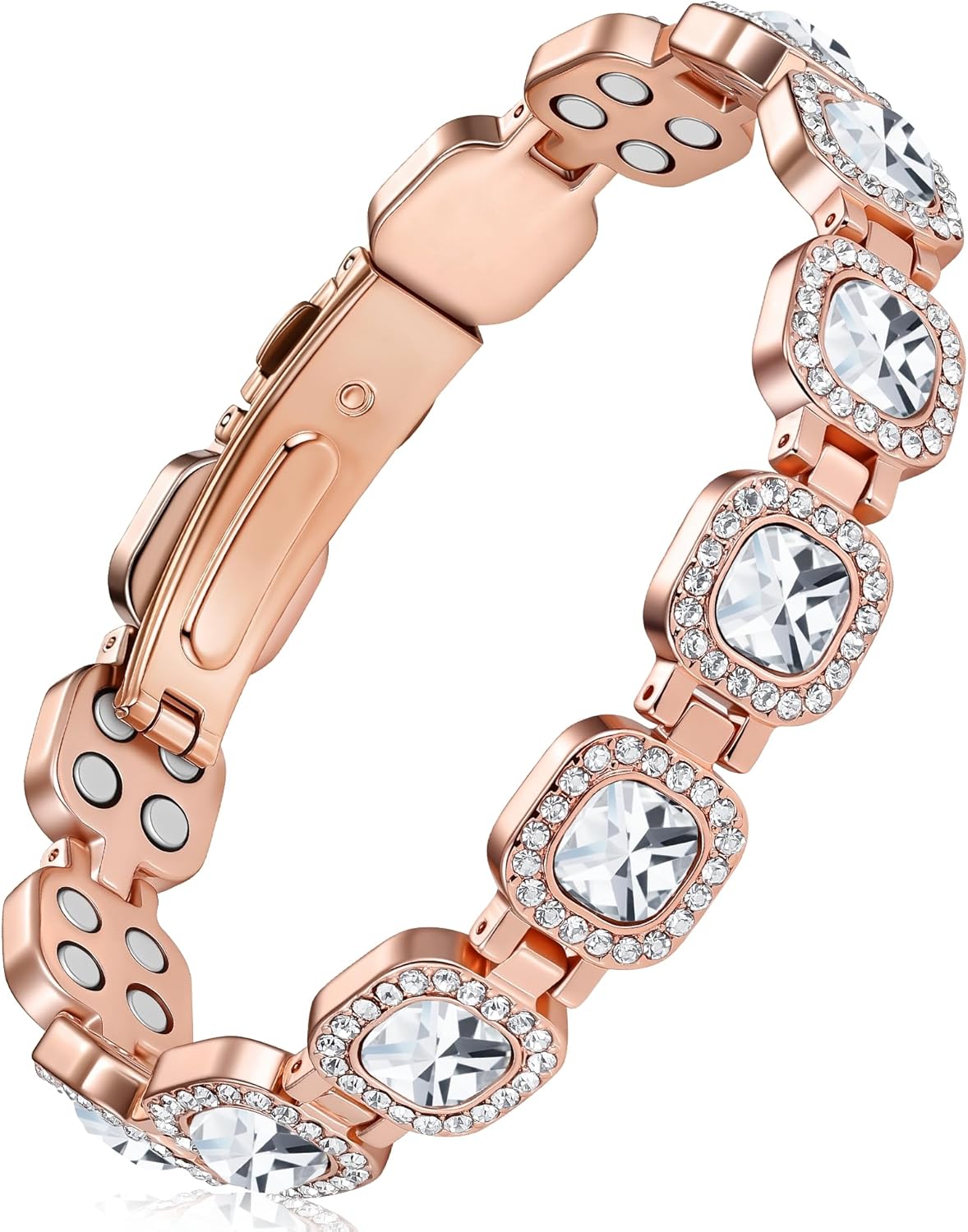 Feraco Pure Copper Bracelets for Women, 4X Ultra Strength Magnetic Bracelet with 3800 Gauss Neodymium Magnets & Dazzling Austrian Cut Crystals Stone, Adjustable Jewelry Gift Radiant Square Shine - Rose Gold