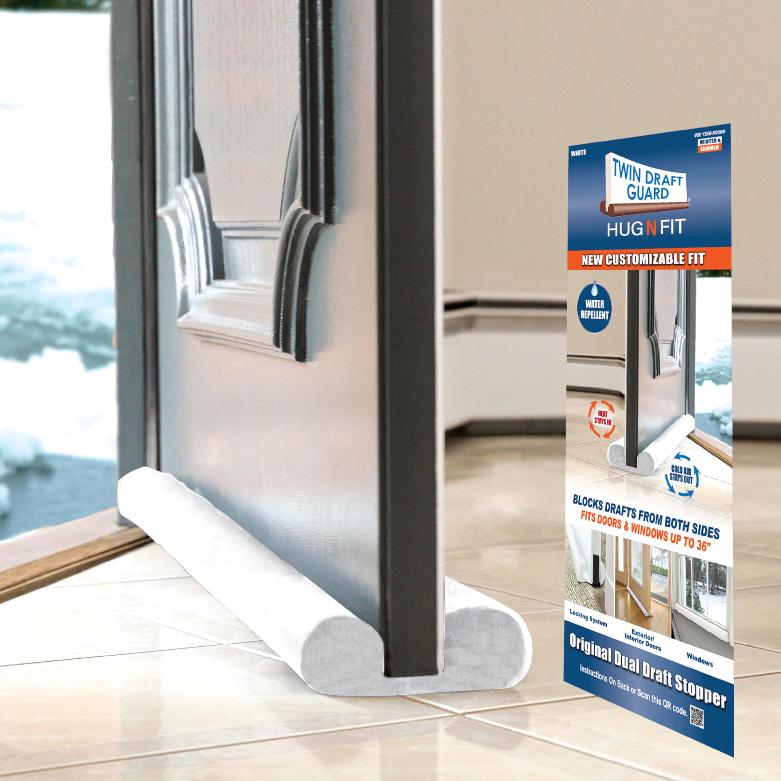 Hug N Fit, Original Dual Draft Stopper Instantly Blocks Air from Entering, Water Repellent, Fits 28”-36” Length with 2” Energy Saver Tube