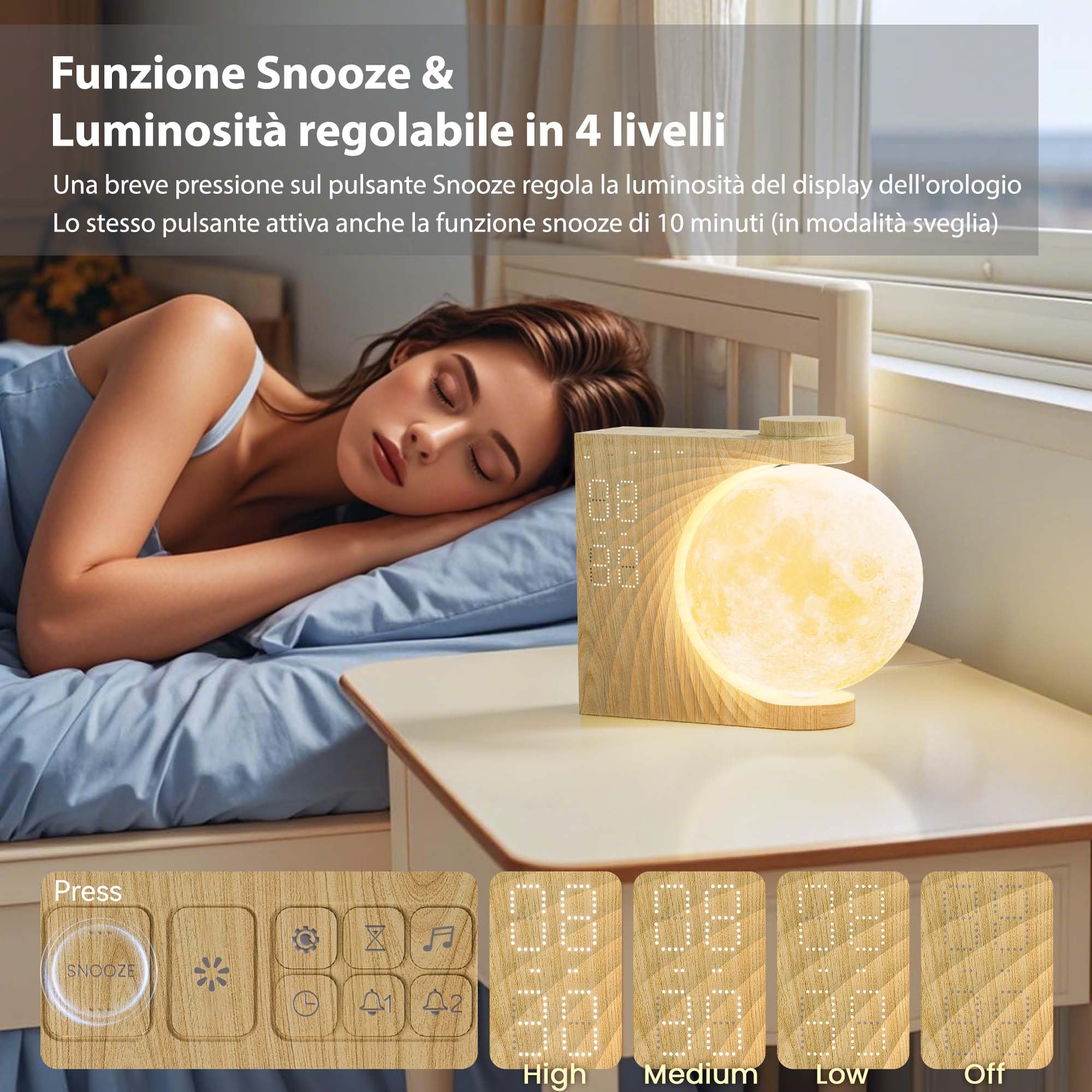 Lampada Luna 2025 - Versione Rotante Avanzata, RGB 8 Colori, Sveglia da comodino con 2 Allarmi, Wake-up Light 10 Suoni Naturali, 3 Livelli Luminosità Luci Notturne, Regalo Perfetto per Donne e Bambini