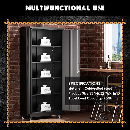 Miniatura 6 de Greenvelly Armario de almacenamiento de metal de 73 pulgadas con ruedas, gabinete de metal negro con cerradura con 2 puertas y 4 estantes