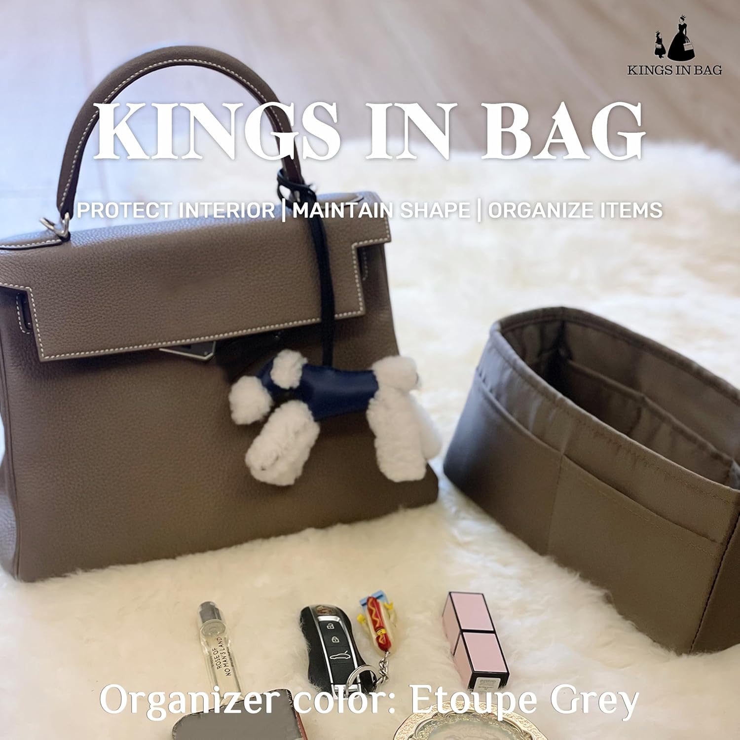 Women's Purse Organizer Insert - Satin & Lightweight Fabric with Inside Pockets, Portable for Commute, Travel, Shopping, and Evening, Multicolor Options, Fits for Kelly 28(Etoupe grey, KL28 Retourné)