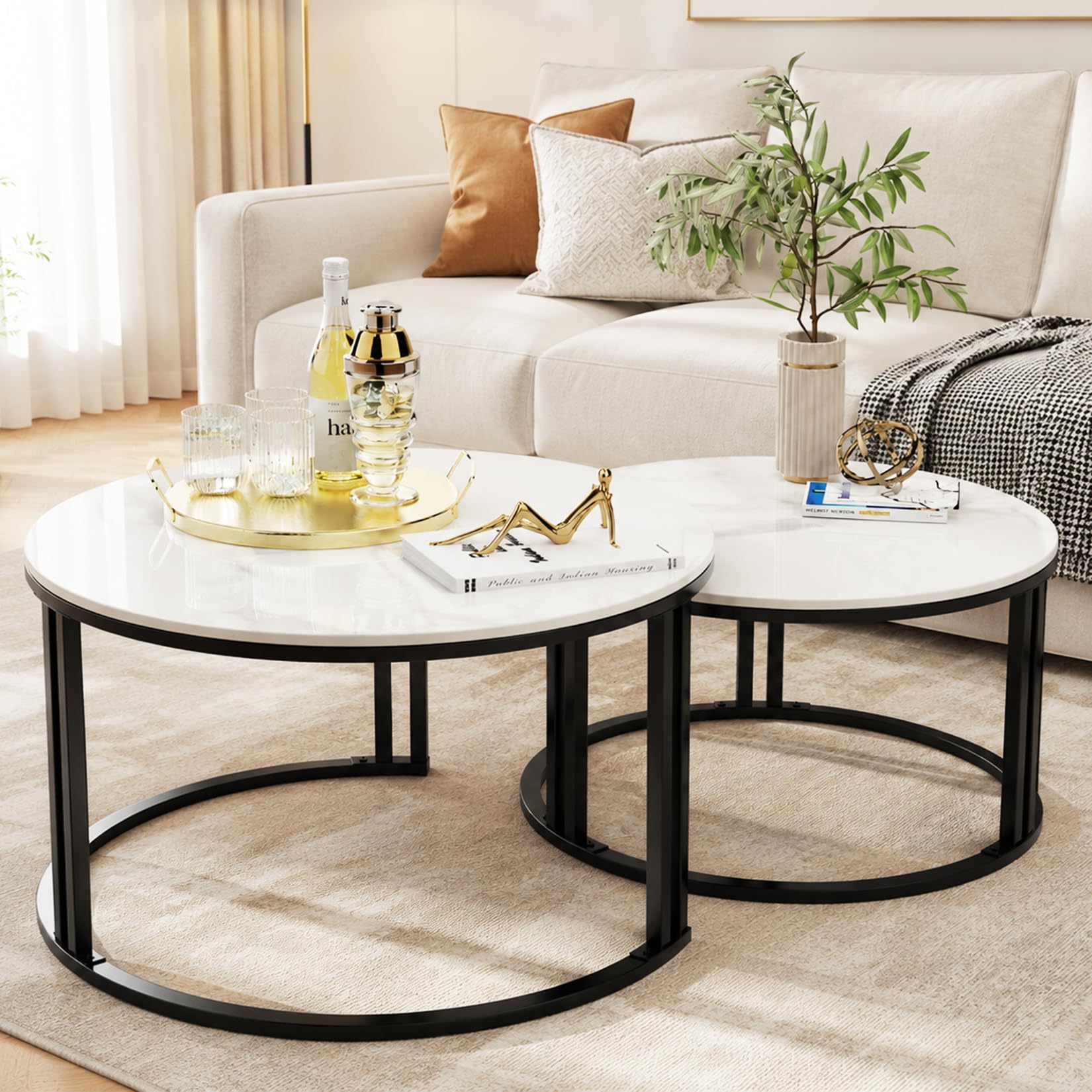 FATIVO Couchtisch Rund 2er Set Marmor Optik Weiß mit schwarz Metallrahmen