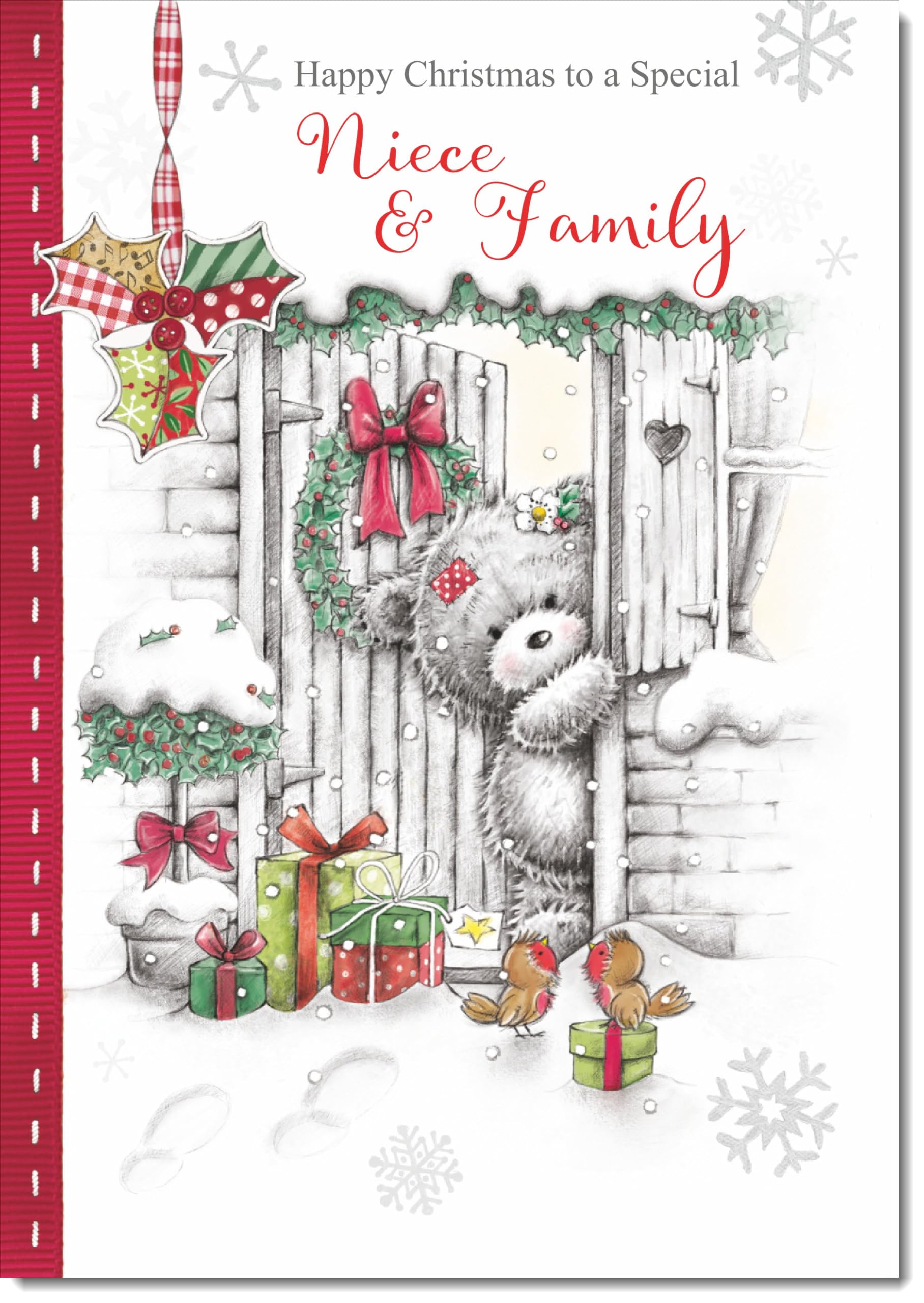 doodlecards Niece and Family Christmas Card Grey Bear in Snow Large A4 Size Christmas Card for Niece & Family with Plain Envelope — image 1