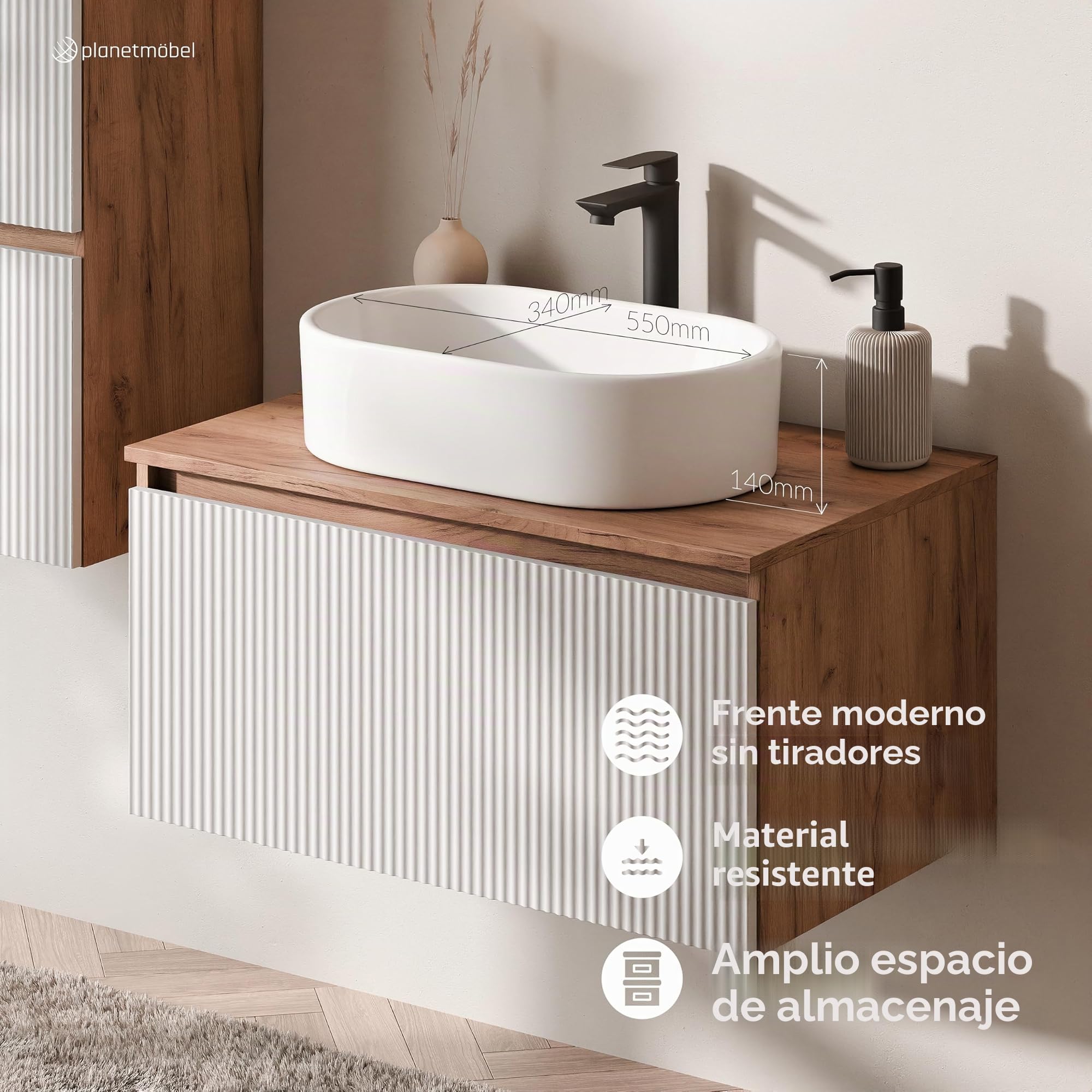 Planetmöbel Arisa - Juego de muebles de baño con armario bajo (80 cm, roble dorado y blanco estriado) con espejo NOVA y armario alto, lavabo de 55 cm, color blanco, incluye sifón para ahorrar espacio