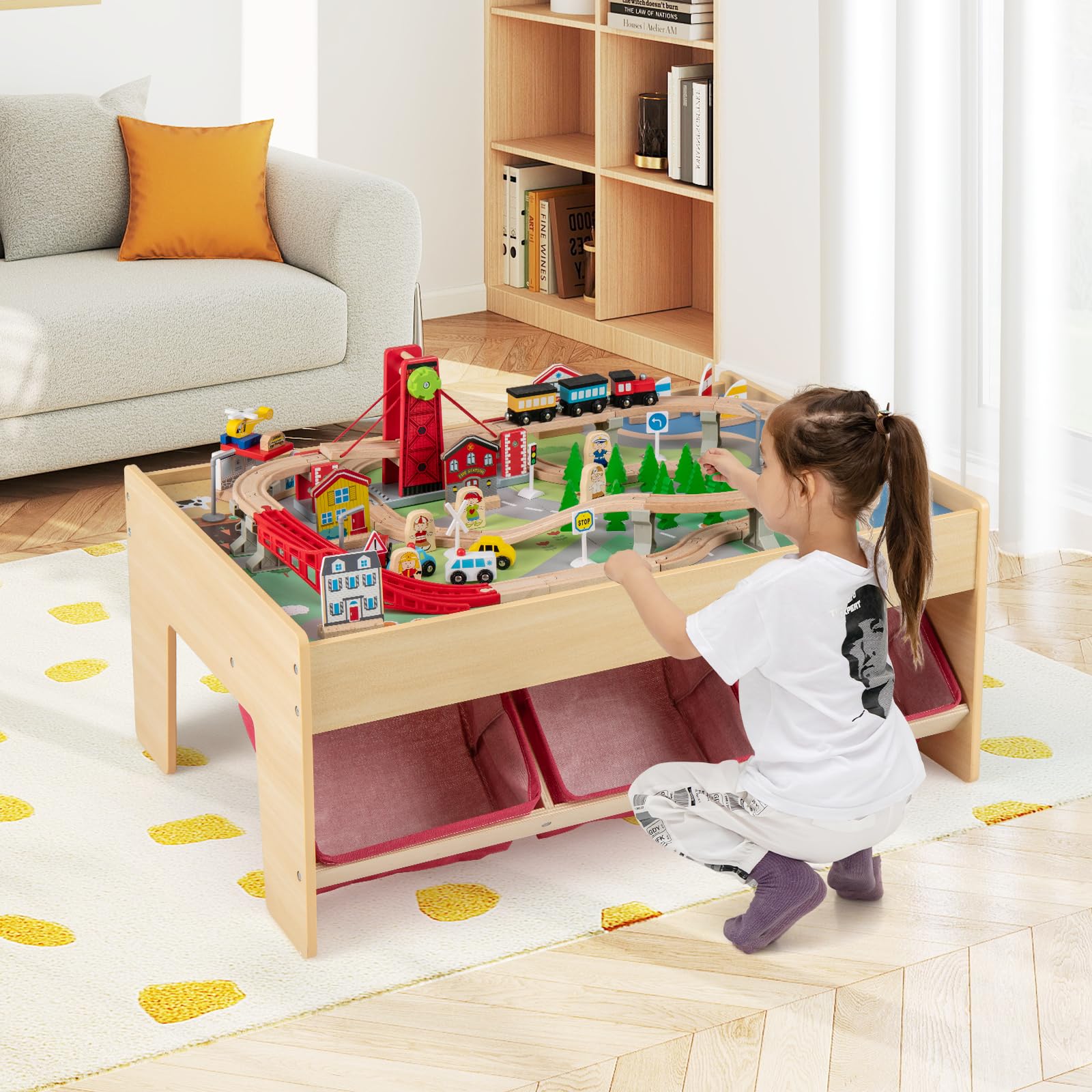 LIFEZEAL Holzeisenbahn Set, Kinder Spieltisch mit Aufbewahrungsbox, Multifunktionaler Aktivitätstisch mit Fahrzeuge, Gleise und Zubehör, Bausteintisch für Jungen & Mädchen, 92 x 64 x 40 cm