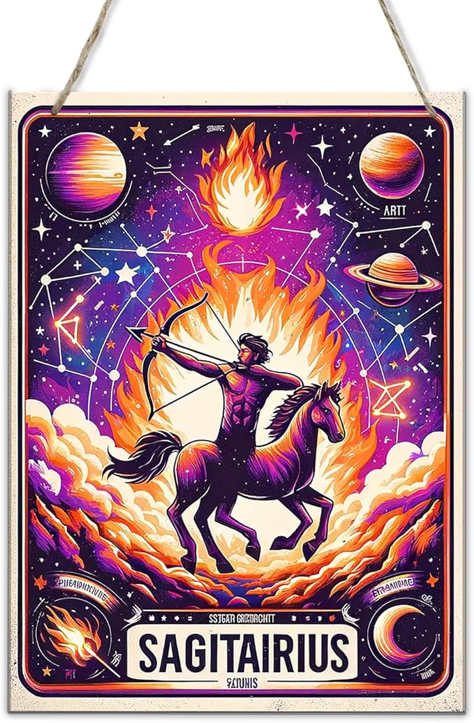 Sagittarius Star Sign Hang Signs Fiery Archer Retro Wooden Wall Art decor plaque,Astrology Decor for Home Office,Cosmic Horoscope wood Poster,Gift for Zodiac Enthusiasts & Stargazers 6x12inch