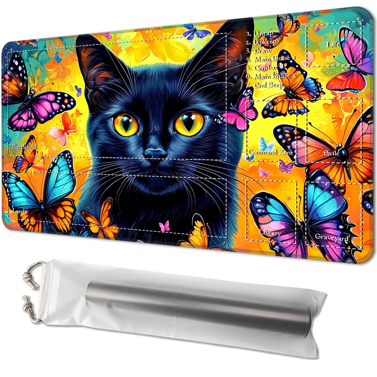Playmat for MTG, Game Mat 24 x 14 inches, with Free Storage Bags, TCG and Board Game Mat for Cards, Ideal for Card Game Enthusiasts, Cat Butterflies — image 1