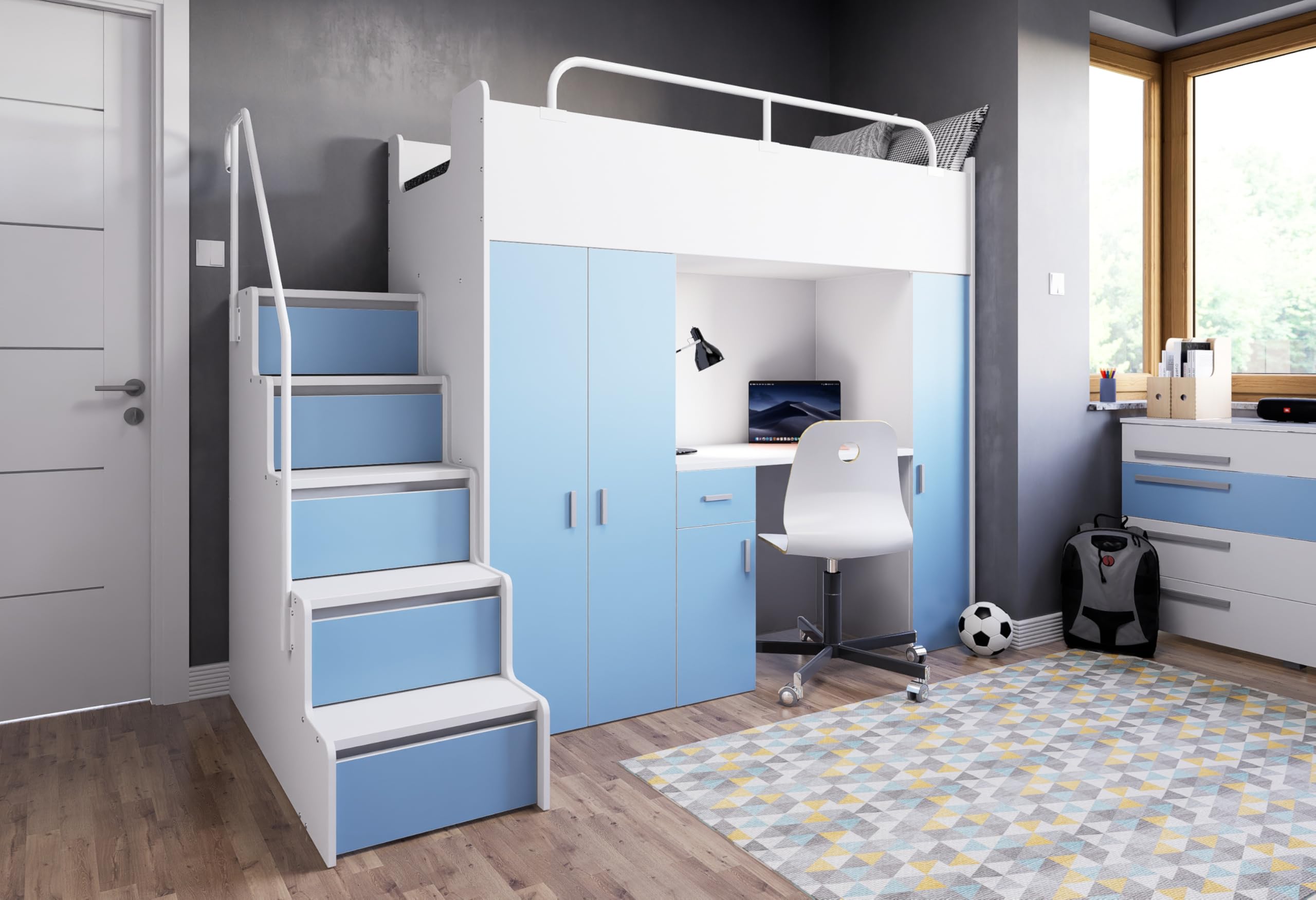 Hochbett Kinderbett JSM-5 80x190 mit Kleiderschrank Schreibtisch und Treppe Matt Etagenbett Stockbett Jugendhochbett (Rosa)