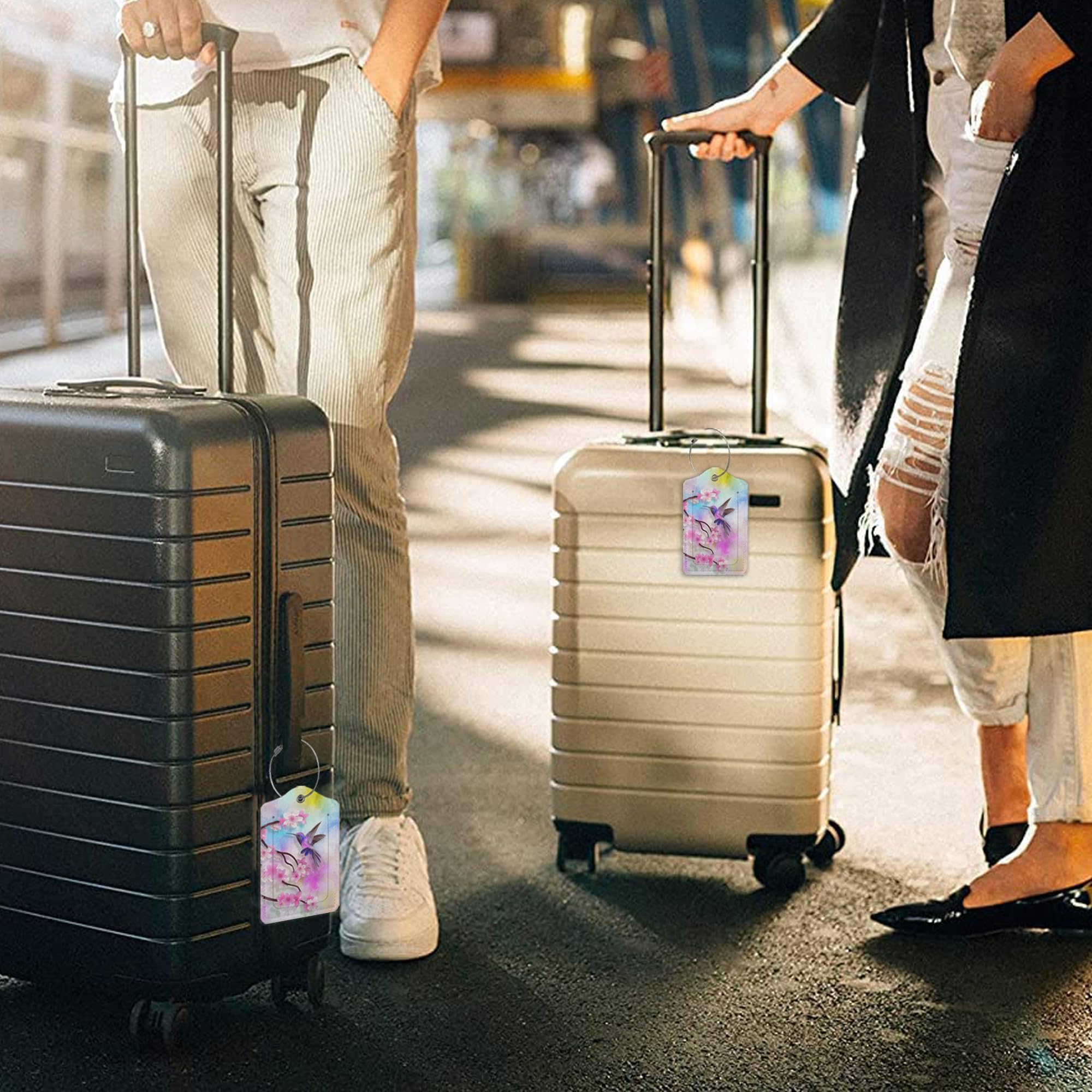 2-pak etykiet bagażowych do walizki, kwiat wiśni koliber skórzane zawieszki do walizki identyfikatory z prywatnymi etykietami adresowymi i trwałą stalową pętlą dla kobiet / mężczyzn w podróży