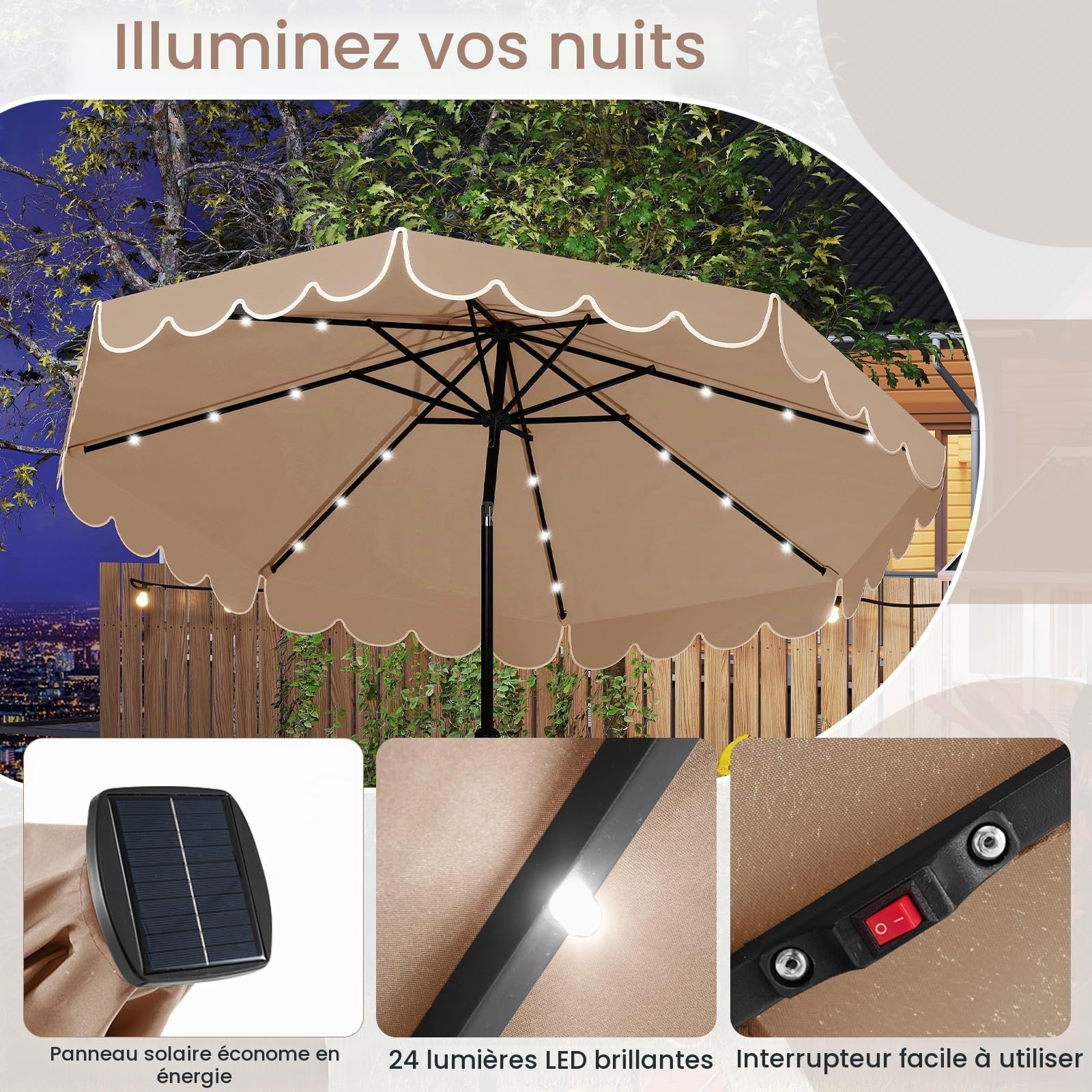 KOMFOTTEU Parasol de Jardin φ3 x 2.53 m avec 24 Lumières LED et Manivelle, Parasol de Balcon pliable, Parasols de Cour Angle inclinable jusqu'à 35°, pour Terrasse, Piscine, Patio