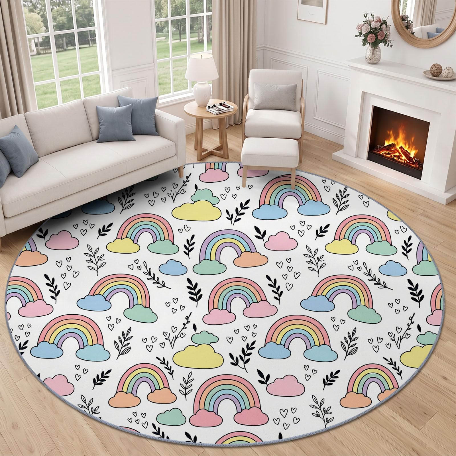 Tappeto rotondo lavabile da 200 cm, morbido, con motivo arcobaleno con nuvole e cuori, con retro antiscivolo, lavabile in lavatrice, per cameretta dei bambini, colorato