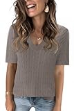 Womens Summer Short Sleeve Sweaters Tops V Neck Cable Knit Lightweight Sweater Shirts Blouses 2025