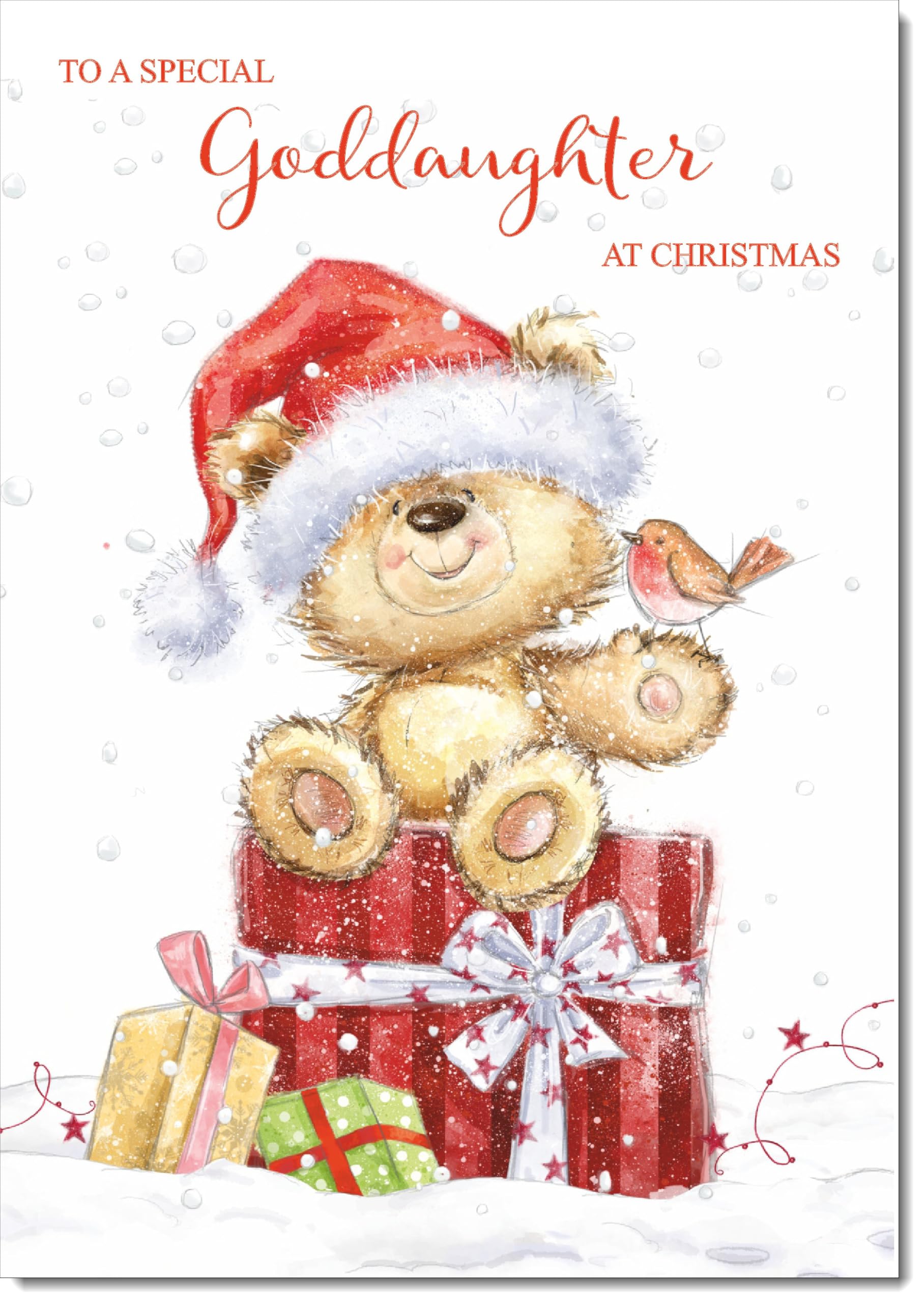 doodlecards Goddaughter Christmas Card Cute Bear on Parcel Large A4 Size Christmas Card for Goddaughter with Plain Envelope — image 1