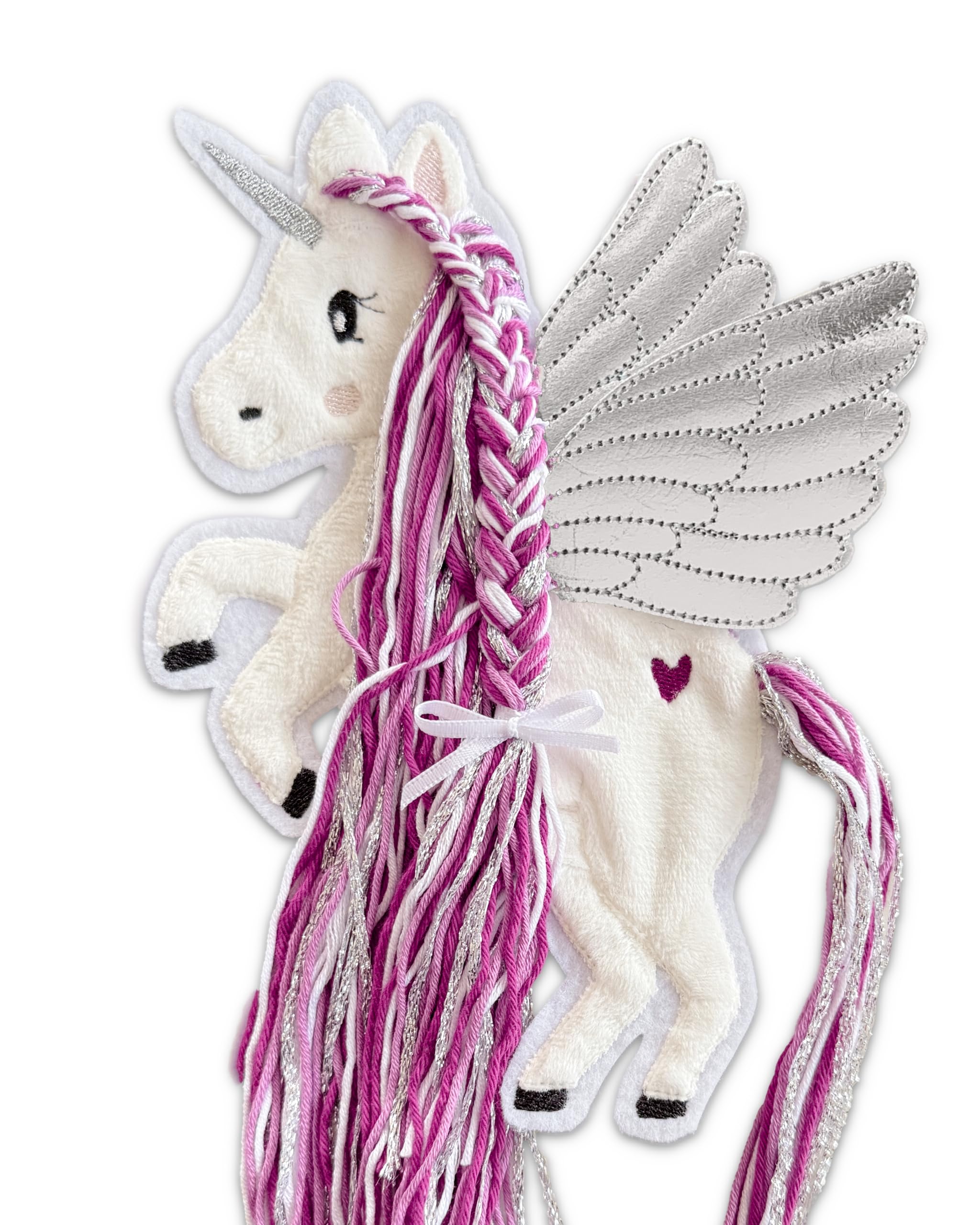 Applikation Pegasus mit Wollmähne Pink Beere Silber Aufbügler Einhorn mit Flügel für DIY Schultüte Zuckertüte Bügelbild Patch Bügelpatch Pferd weiß Glitzer (Groß (14x19 cm))