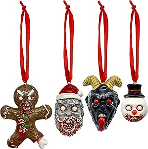 Halloween Ornament Creepy Nightmare Evil Ornament Set of 4 Halloween Decor Black Tree Ornament Decor Horror Gingerbread Man Snowman Santa Goat Head Ornament