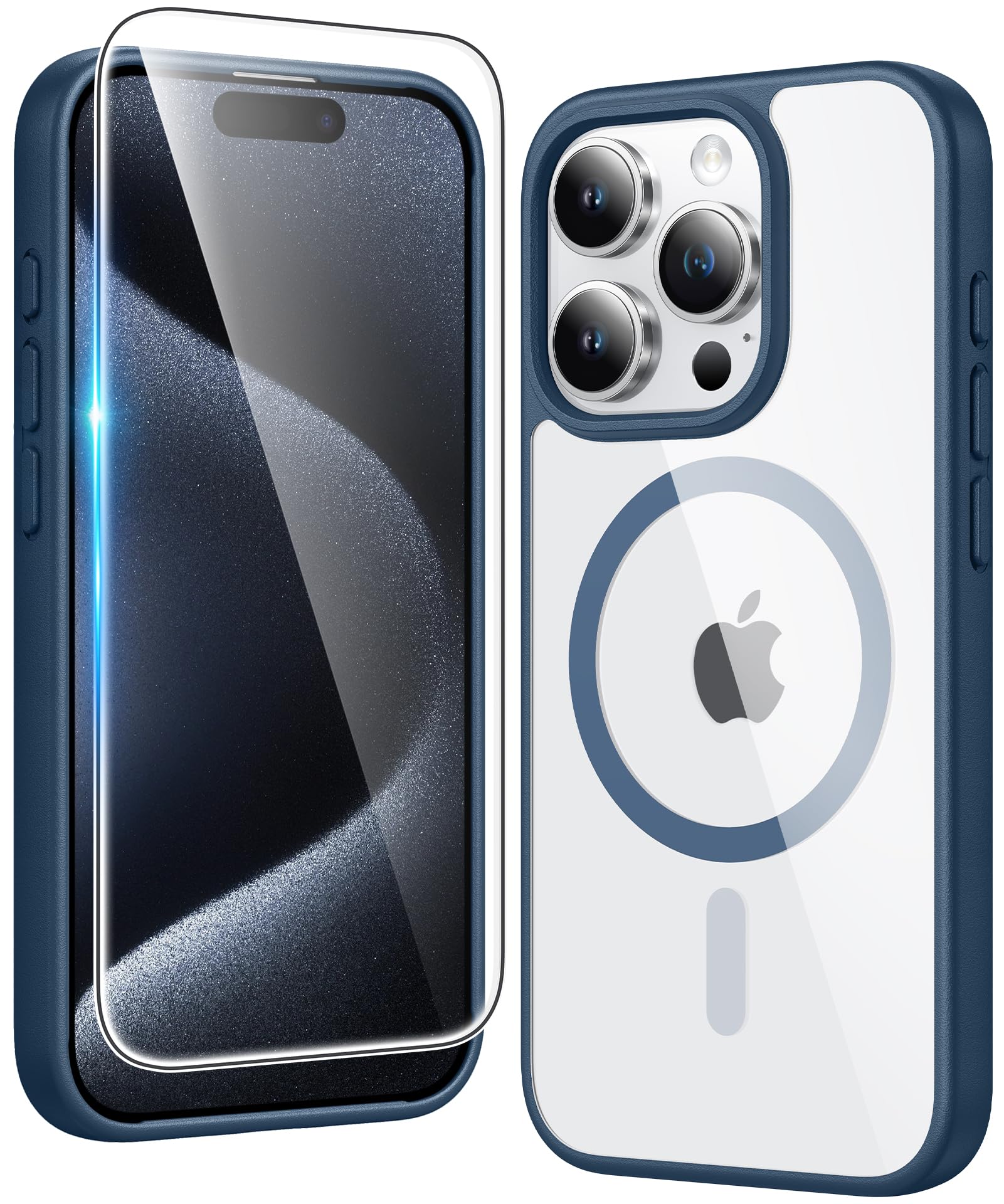 Photo 1 of FNTCASE for iPhone 15 Pro-Max Case: Clear Magnetic Phone Cases with Screen Protector Compatible with Magsafe Slim Anti Yellowing Rugged Shockproof Protective Transparent Cell Phone Cover (B-Blue)