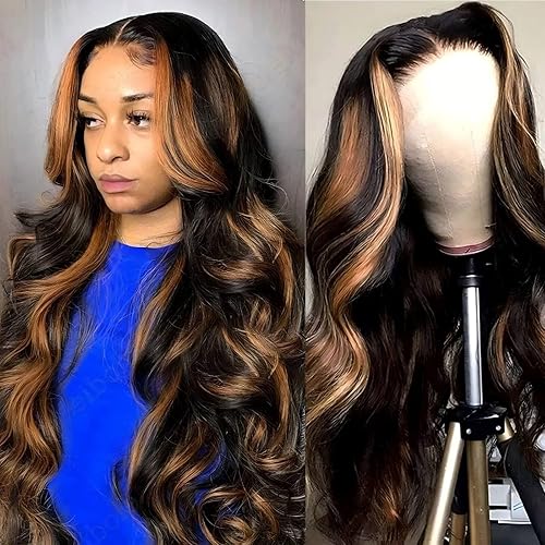 QZOQZO 28 Inch Highlight Ombre Lace Front Wig Human Hair Body Wave Lace Front Wigs Human Hair 13x6 Pre Plucked 1B/30 Brown Glueless Wig 180% Density Balayage Glueless Wigs for Women