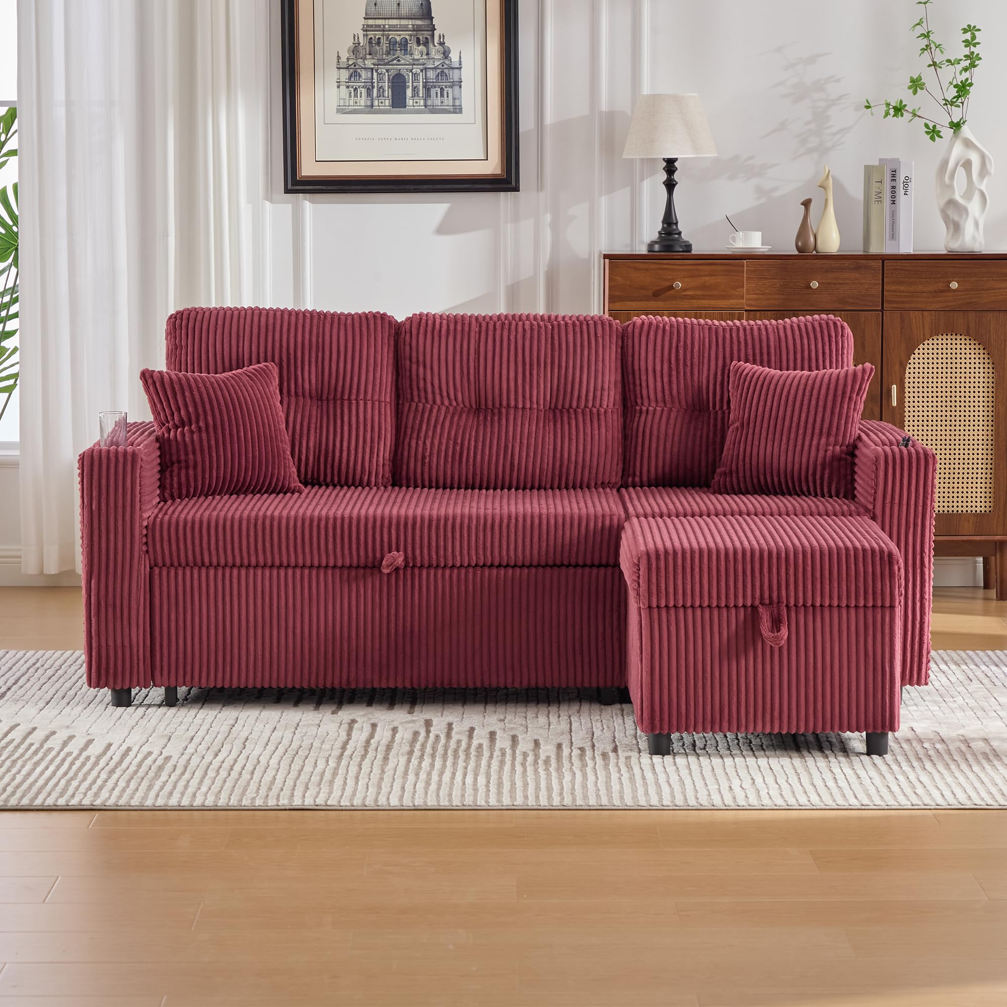 Modułowa sofa ze sztruksu, sofa do spania z wysuwaną funkcją spania i oświetleniem, składana sofa z poduszką na siedzisko i oparcie, kolor czerwonego wina