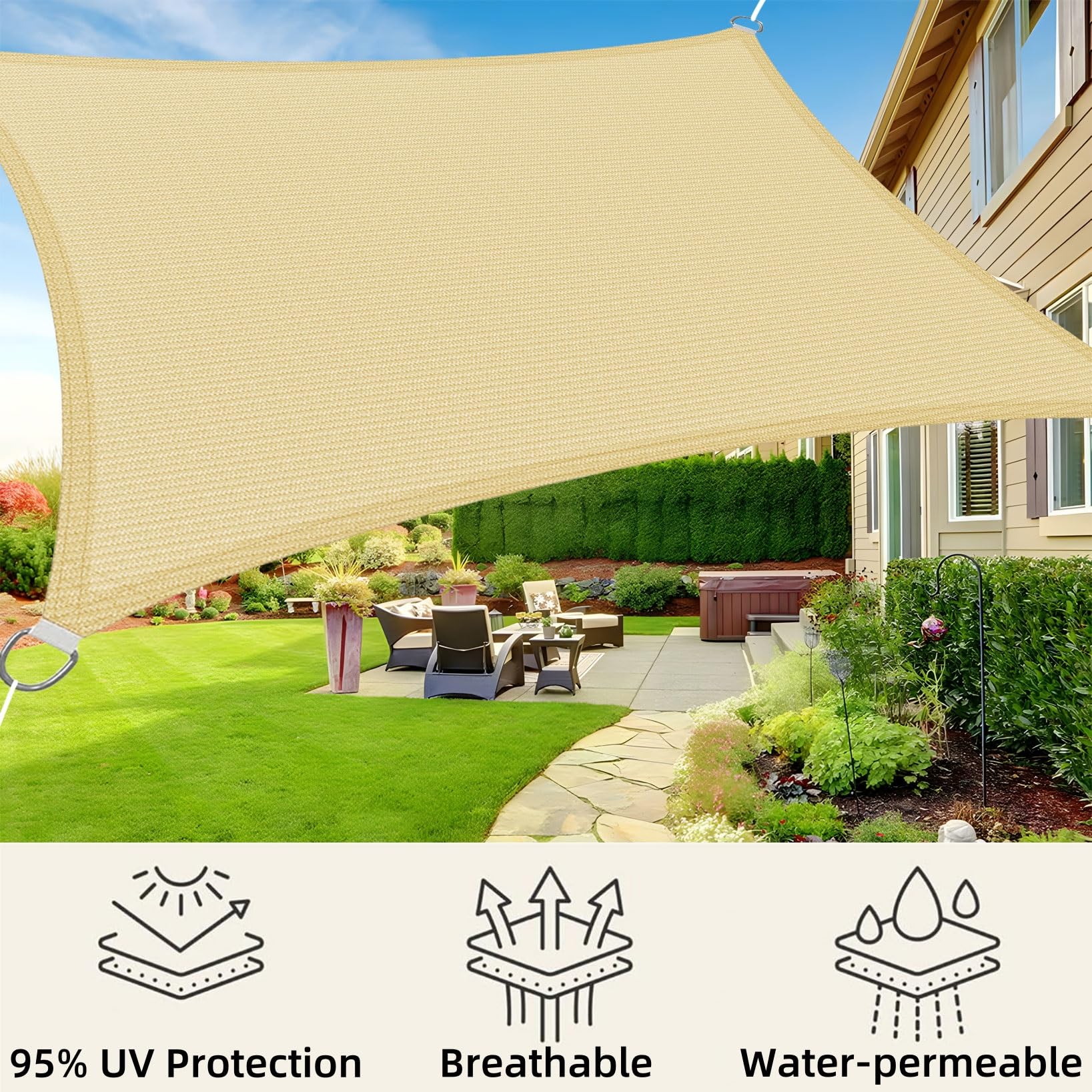 Toldo Vela de Sombra Transpirable 260 x 310 cm Rectangular HDPE Transpirable Protección Rayos 95% UV Malla Sombra con SOGA para Exterior Terraza Patio Jardín Pergola (Personalizable), Color Crema