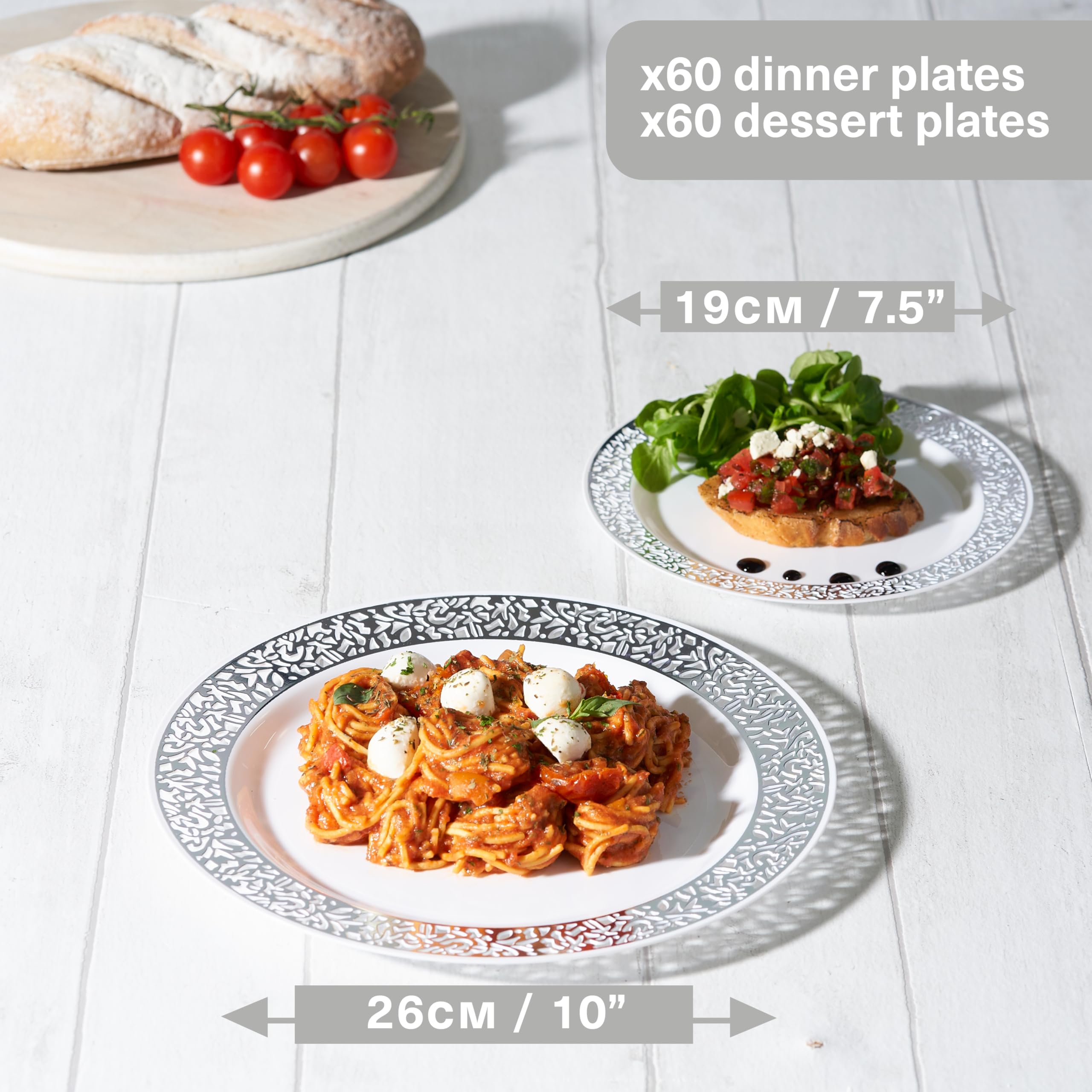 MATANA 120 Premium Weiße Plastikteller mit Silbernem Rand, 2 Größen - Mehrweg Kunststoffteller, Partyteller für Hochzeiten, Geburtstage, Partys - Elegantes & Stabiles Partygeschirr