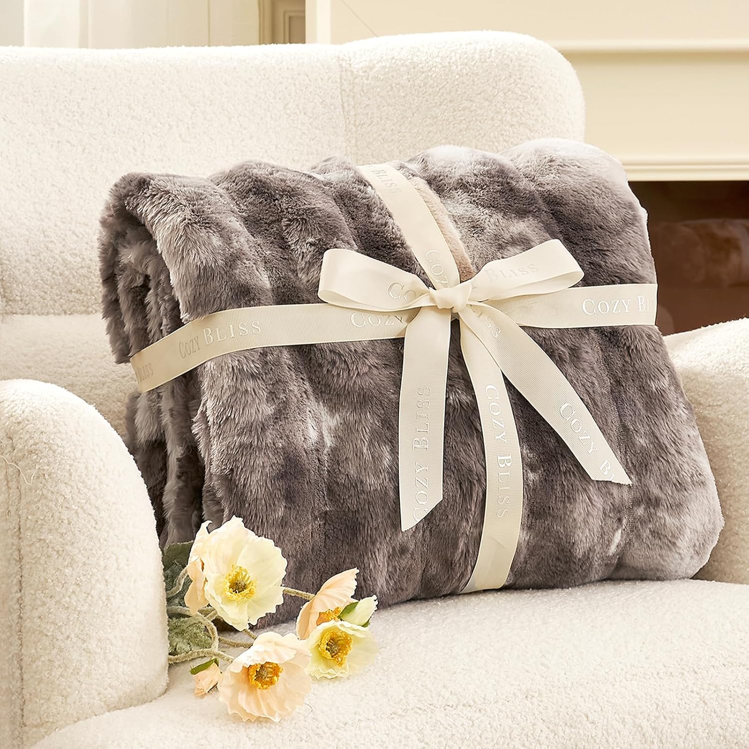 Cozy Bliss Deluxe Striped Rabbit Faux Fur Throw Blanket, Soft Fluffy Warm Plush Blanket for Winter, Modern Homr Decor, Tie-dye Grey 50"x60" - Image 4