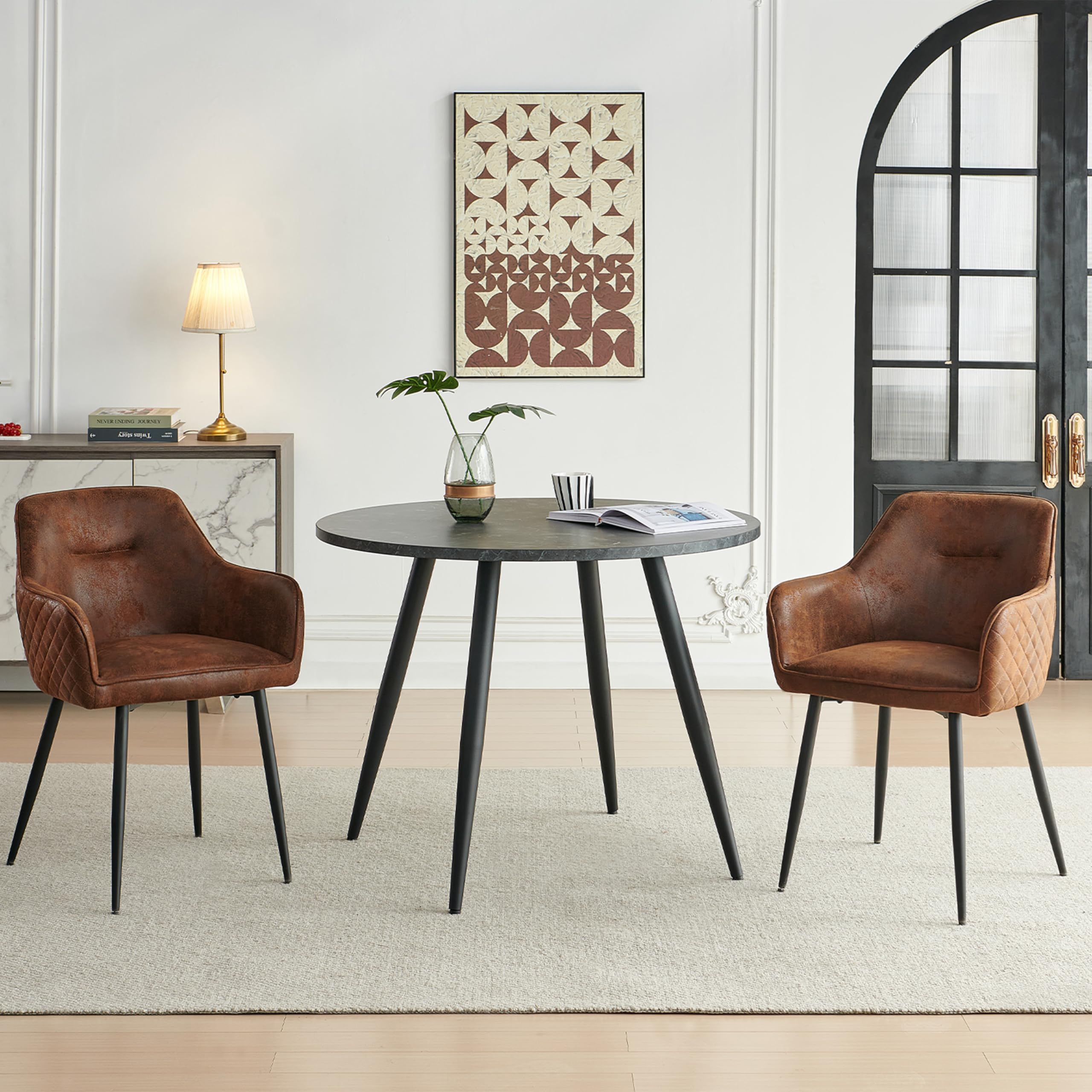 Colorig Round Dining Table and Chairs Set of 2, 3pcs Dining Room Sets for Restaurant Kitchen Office,Wooden Table and 2 Faux Suede Kitchen Chairs Sets (Black Marble, Brown Chairs)