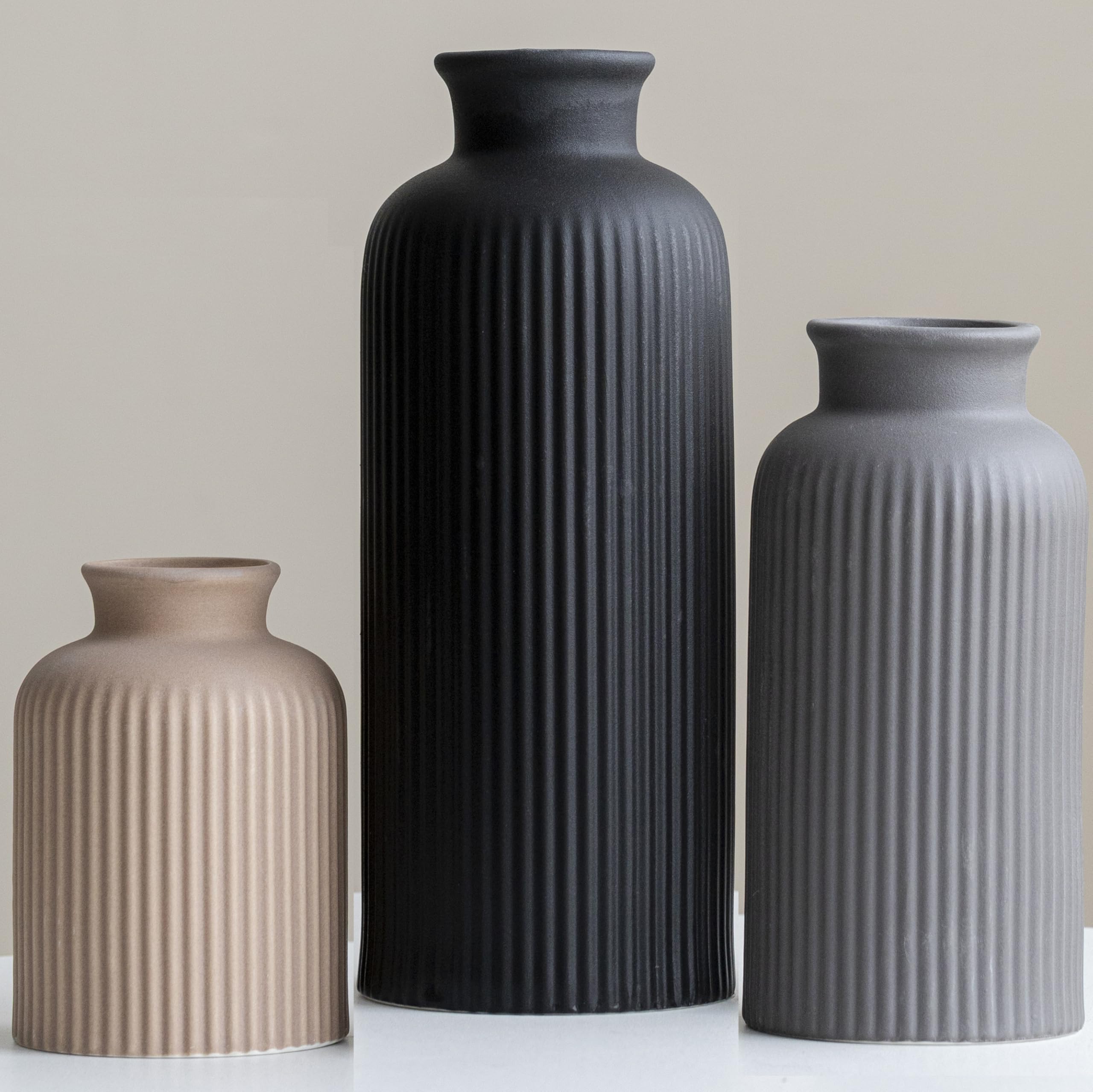 Set di vasi in ceramica moderno e grande, finitura opaca a coste nere, 3 pezzi, vasi decorativi per casa, soggiorno, ufficio, altezza 25,4 cm, larghezza 10,2 cm (mix nero XL)