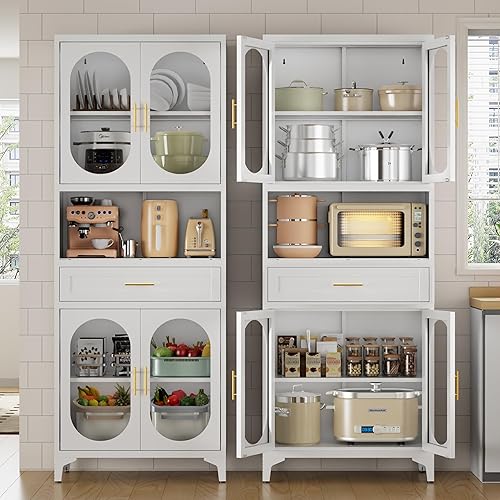 75" Metal Pantry Storage Cabinet, White Kitchen Cabinet with Glass Door and Drawer, Tall Cabinet with Doors and 2 Adjustable Shelves, Cupboard for Dining Room (4 Glass Doors 1 Drawer)