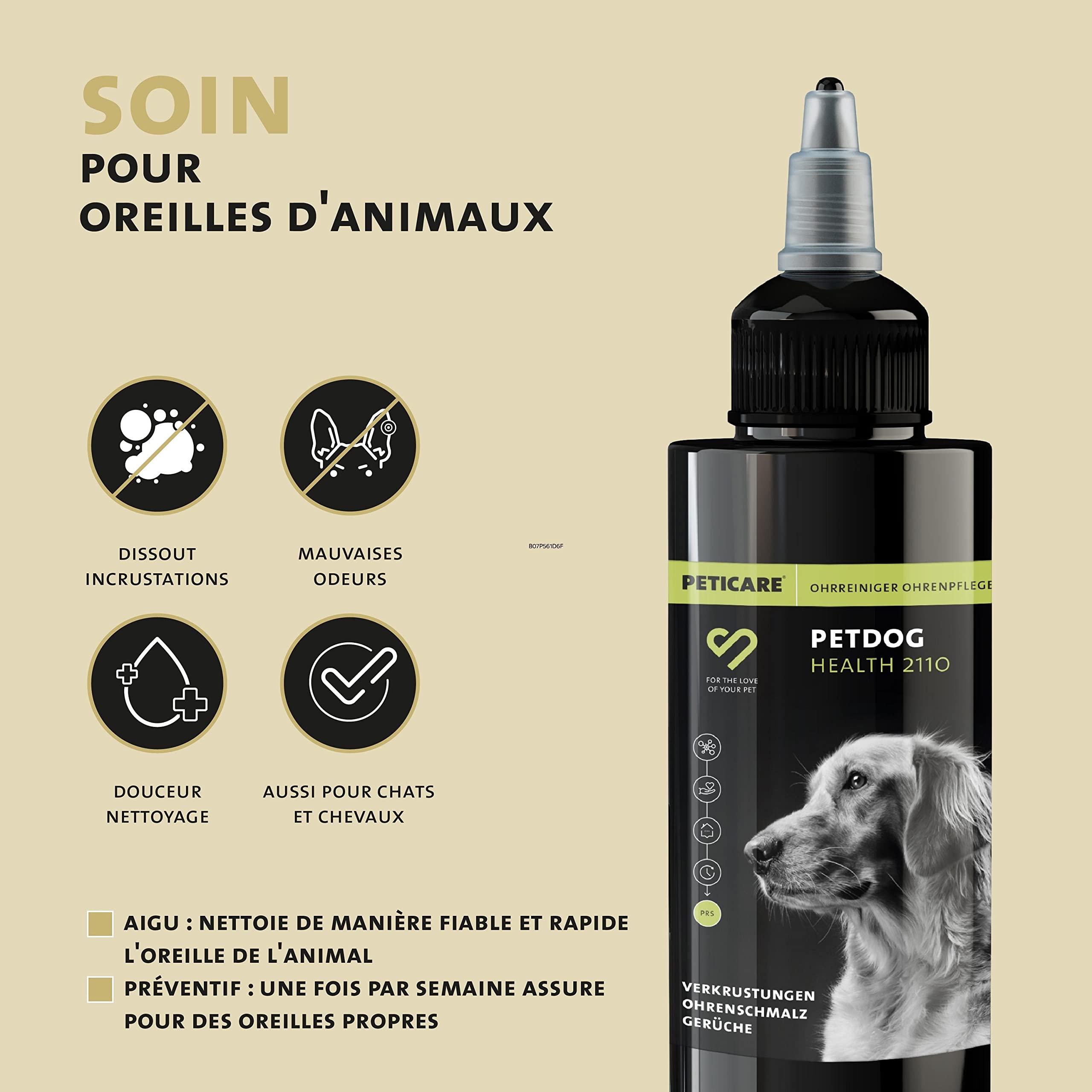 Peticare Bio Nettoyant Oreilles de Chiens & Chats - Nettoyage avec des Gouttes Auriculaires, Éliminé Odeurs, Détache Incrustations, Produit de Soins - petAnimal Health 2110