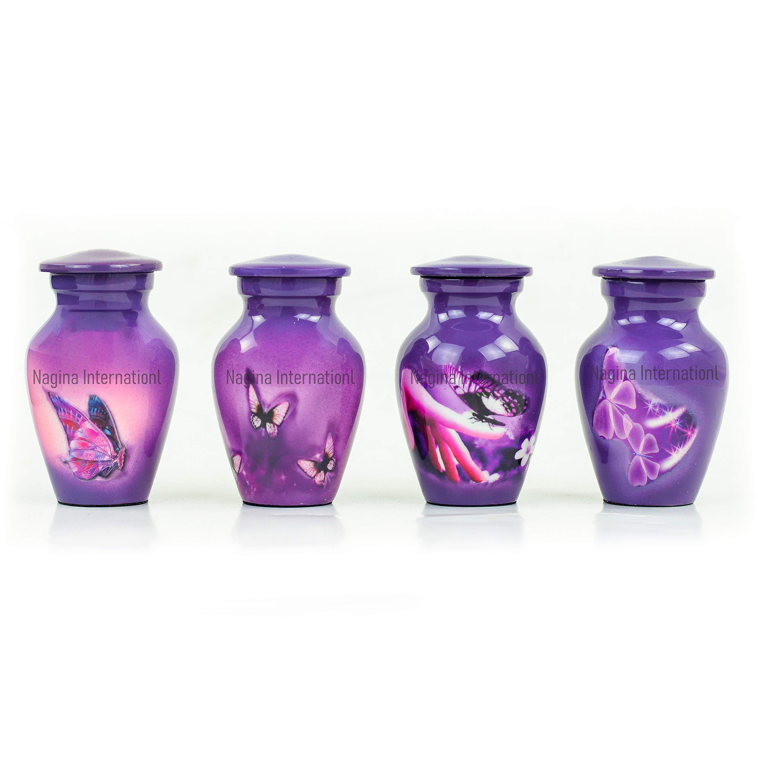 Nagina International - Set Di 4 Mini Urne Per Ceneri In Alluminio, Con Sacchetti E Custodia In Velluto, 19x14x7 Cm